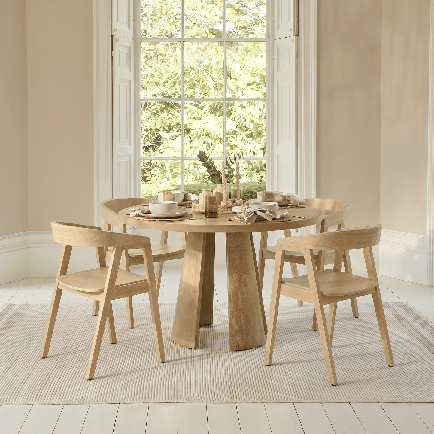 Farren Whitewash Oak Round Dining Table Set - 4 Seater - Ella Whitewash Oak Armchairs - Laura James