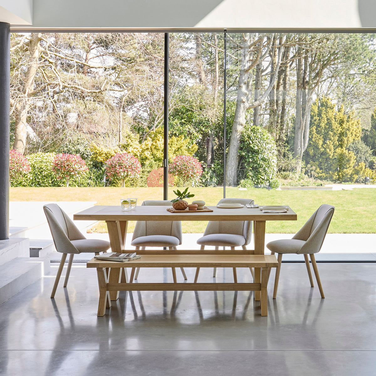 Charlotte 6 Seater Extending Rectangular Dining Table Set with Freya Sand Dining chairs & Charlotte Bench - Laura James