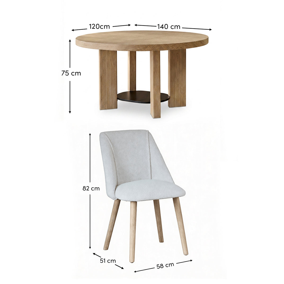 Marlon Whitewash Oak with Black Insert Oval Dining Table Set - 4 Seater - Freya Oat Boucle Dining Chairs - Laura James