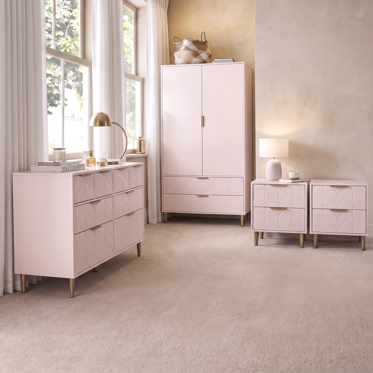 Gloria 4 Piece Bedroom Furniture Set - 4 Over 4 Chest of Drawers - Blush Pink