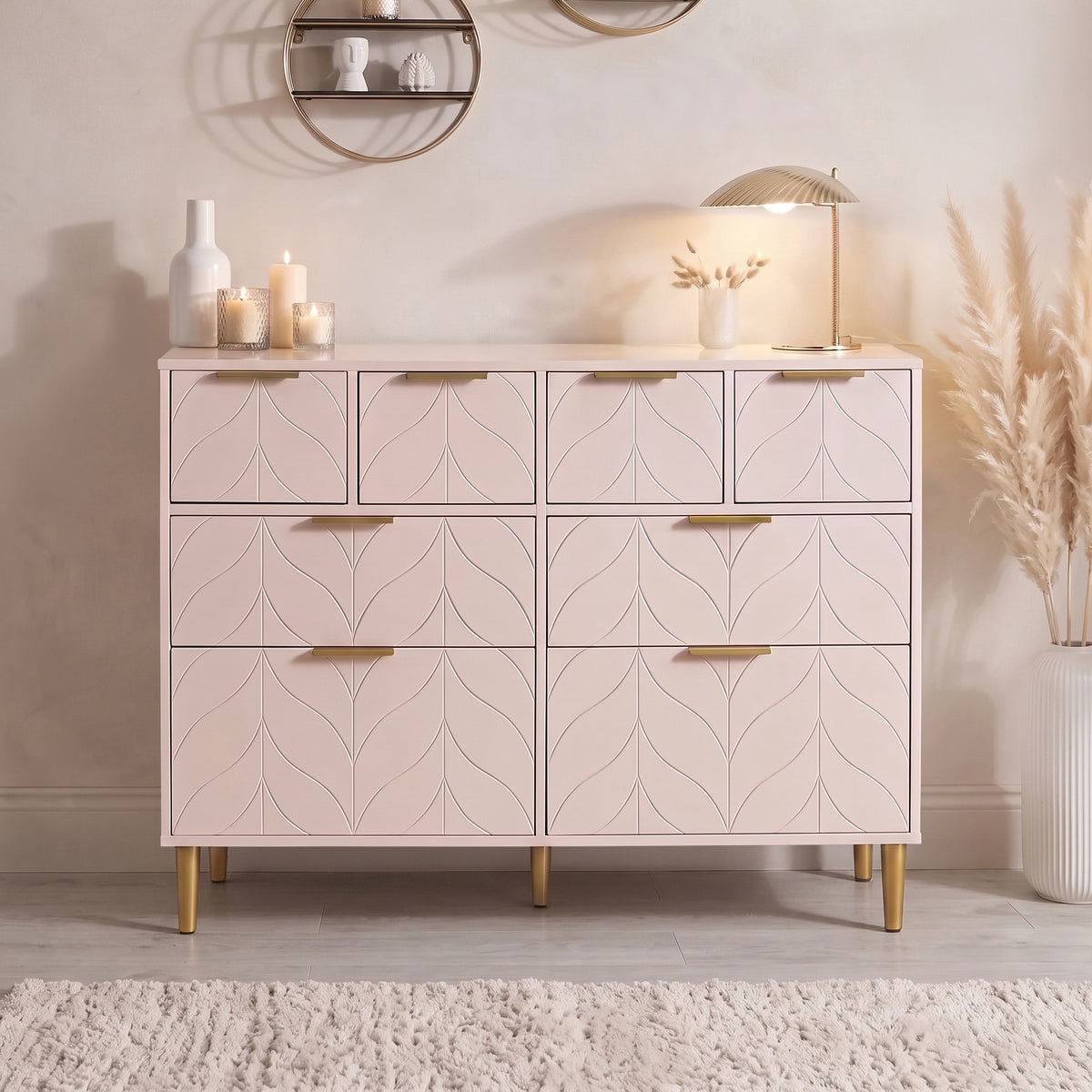 Gloria 4 Piece Bedroom Furniture Set - 4 Over 4 Chest of Drawers - Blush Pink
