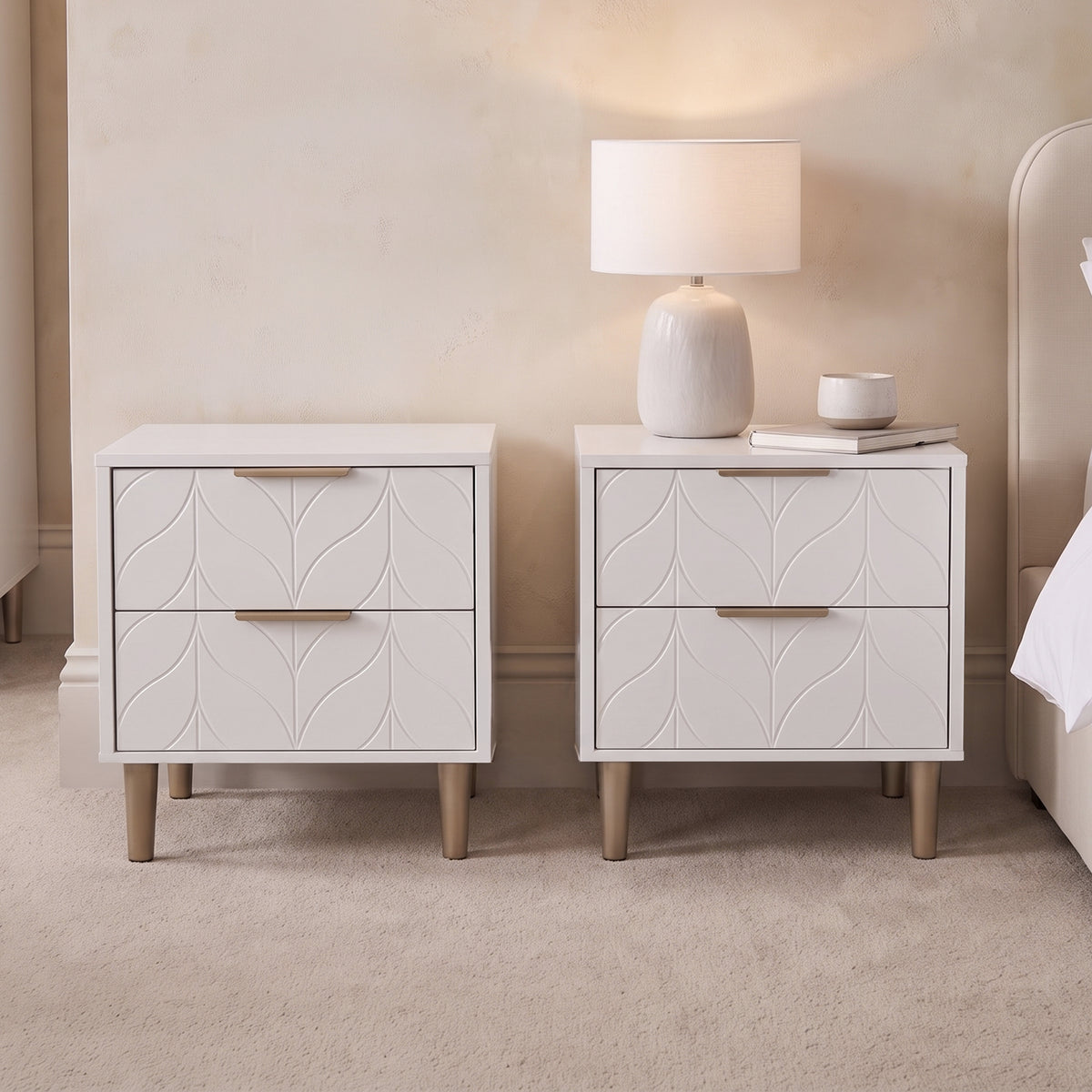 Gloria Bedside Tables - Set of 2 - White & Brass Effect