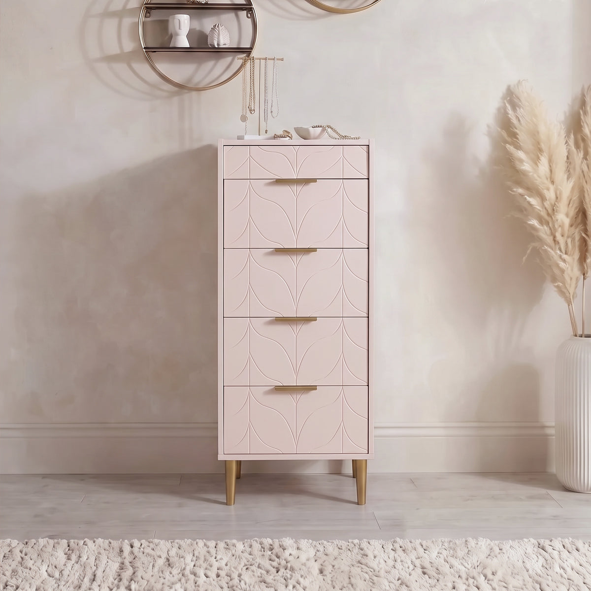 Gloria 4 Piece Bedroom Furniture Set - 4 Over 4 Chest of Drawers - Blush Pink