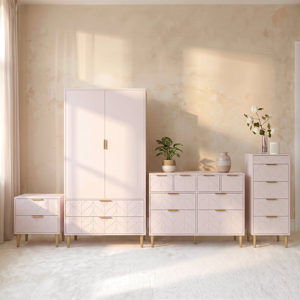 Gloria 4 Piece Bedroom Furniture Set - 4 Over 4 Chest of Drawers - Blush Pink