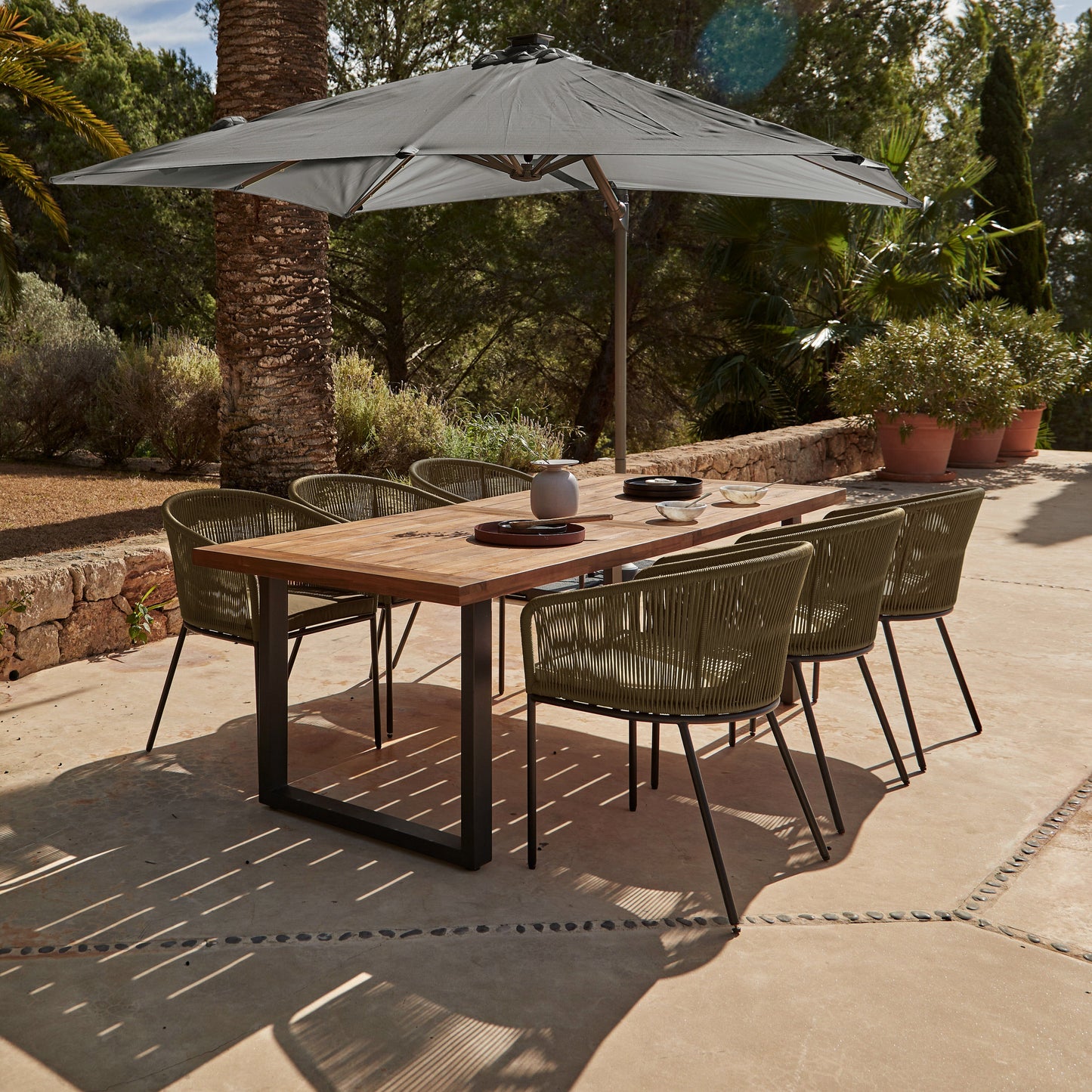 Hali 6 Seater Wooden Outdoor Dining Set with Hali Green Chairs & Grey Premium Cantilever Parasol - 235cm