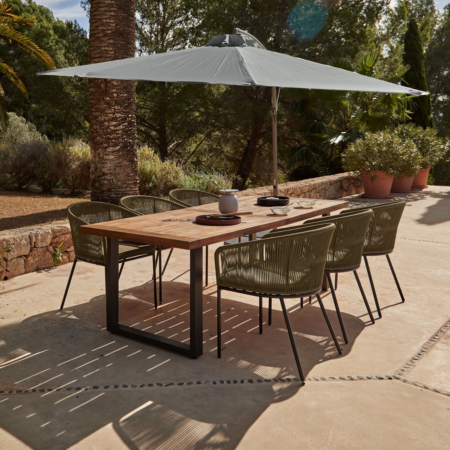 Hali 6 Seater Wooden Outdoor Dining Set with Hali Green Chairs & Grey Lean Over Parasol - 235cm