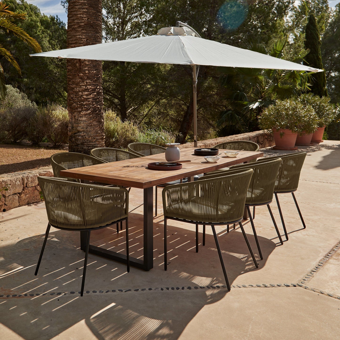 Hali 8 Seater Wooden Outdoor Dining Set with Hali Green Chairs & Cream Lean Over Parasol - 235cm