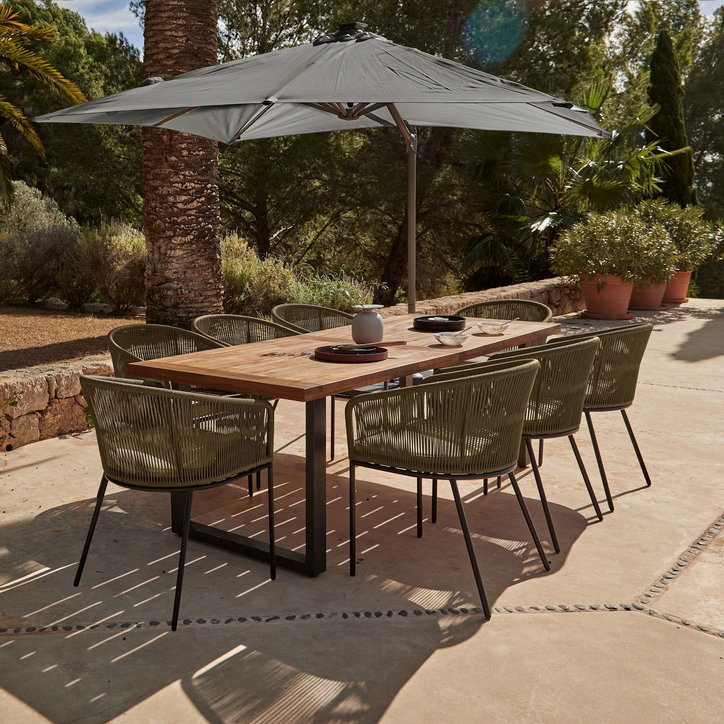 Hali 8 Seater Wooden Outdoor Dining Set with Hali Green Chairs & Grey Premium Cantilever Parasol - 235cm