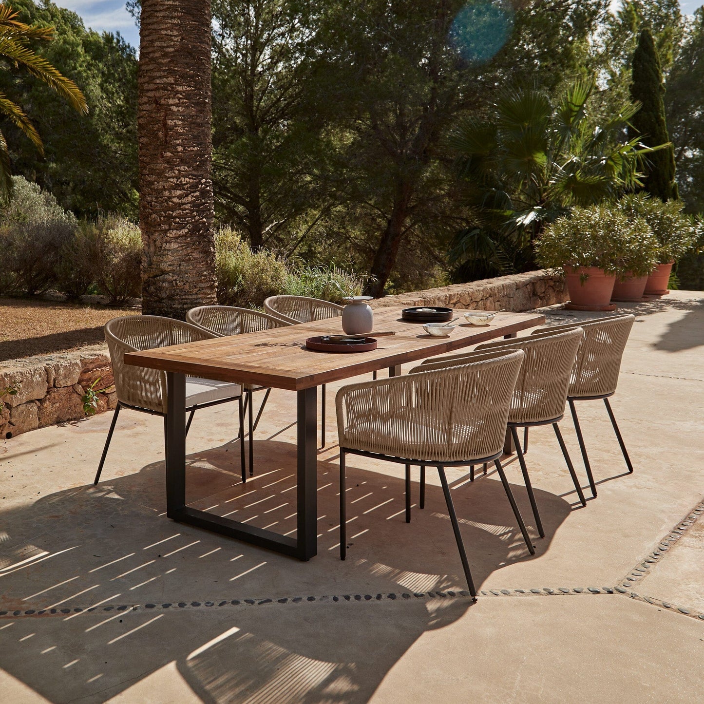 Hali 6 Seater Wooden Outdoor Dining Set with Hali Natural Chairs & Grey LED Premium Cantilever Parasol - 235cm