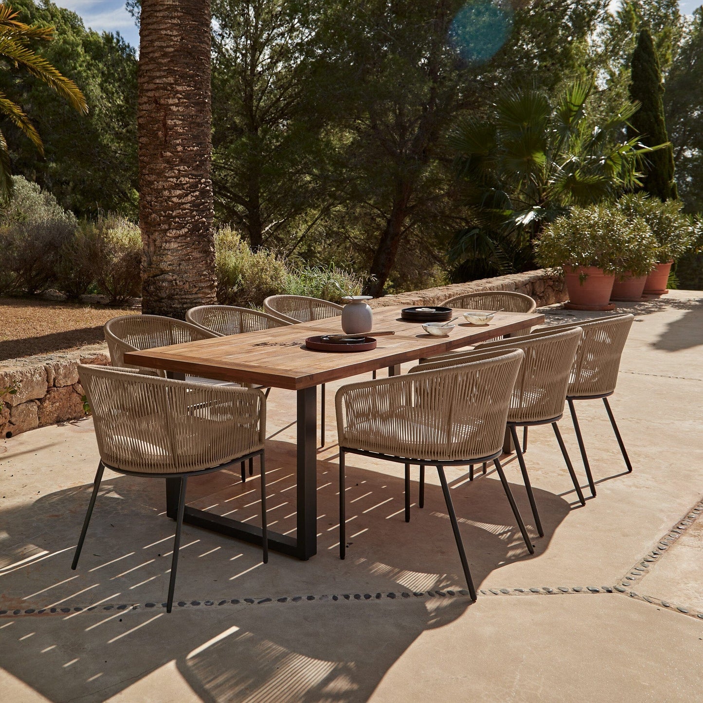 Hali 8 Seater Wooden Outdoor Dining Set with Hali Natural Chairs & Grey Lean Over Parasol - 235cm
