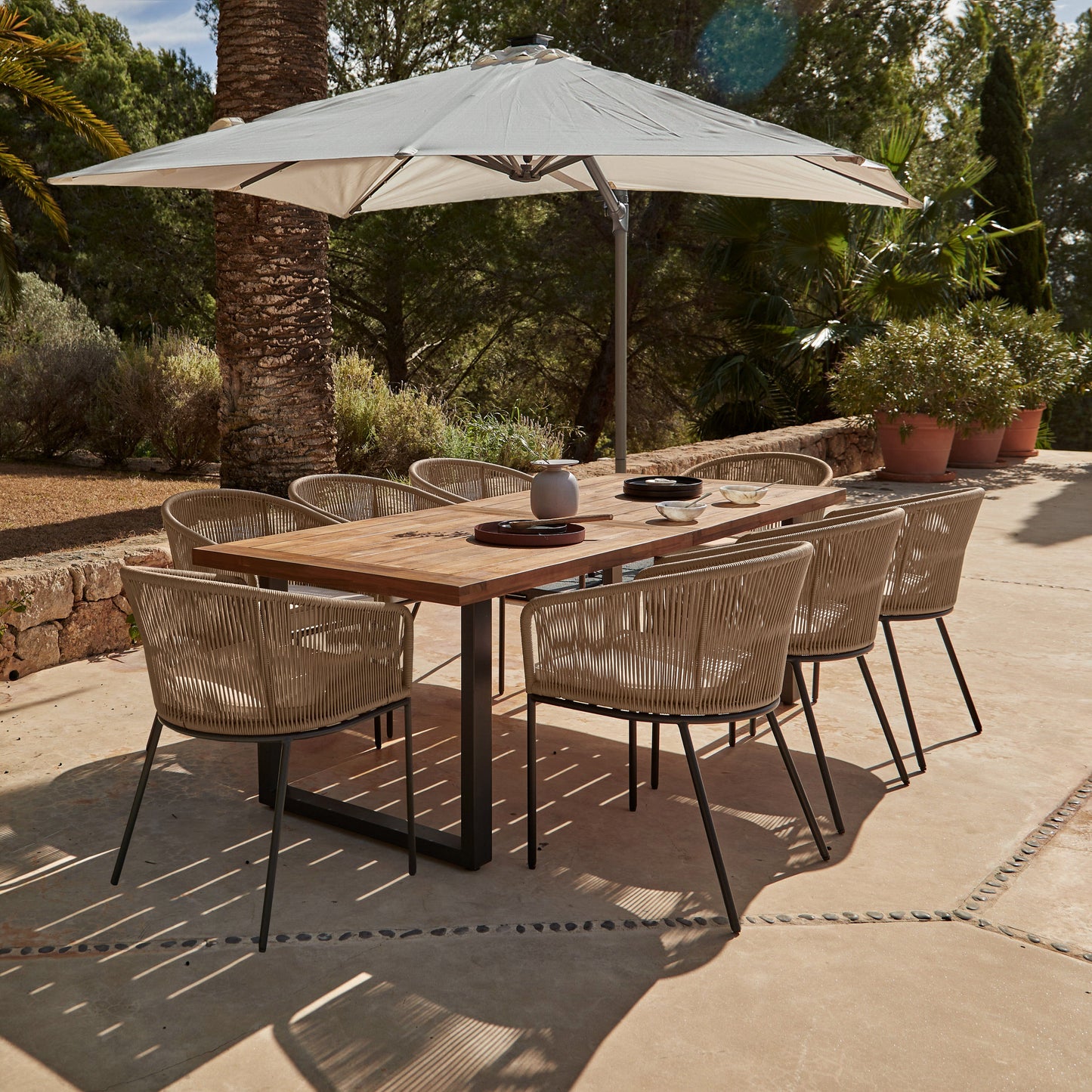 Hali 8 Seater Wooden Outdoor Dining Set with Hali Natural Chairs & Cream Premium Cantilever Parasol- 235cm