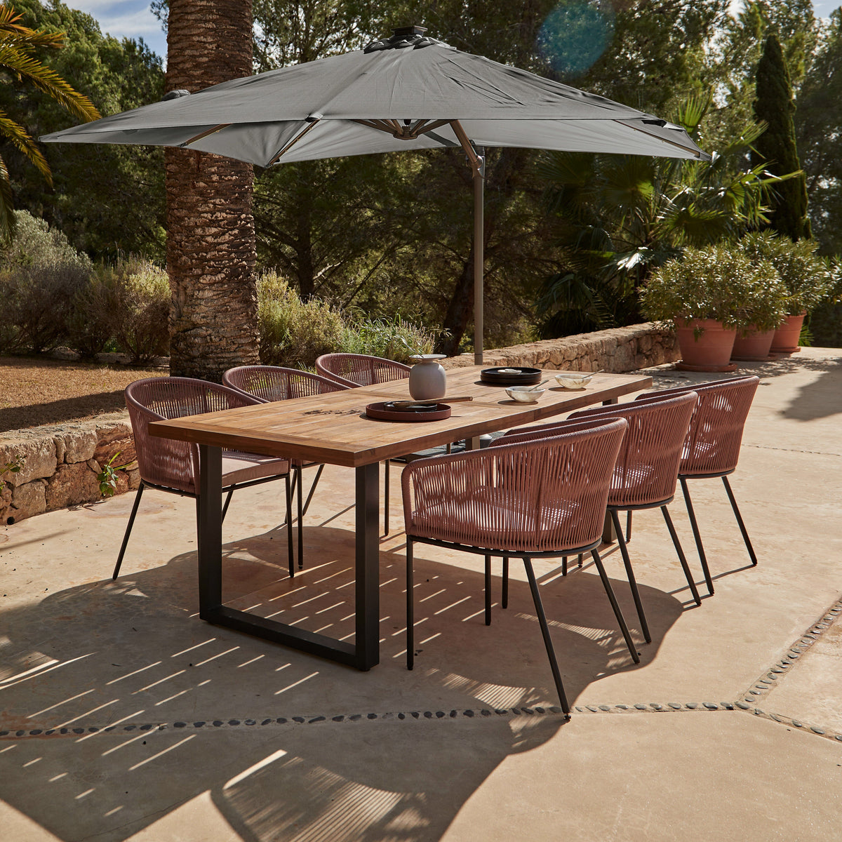 Hali 6 Seater Wooden Outdoor Dining Set with Hali Pink Chairs & Grey Premium Cantilever Parasol - 235cm
