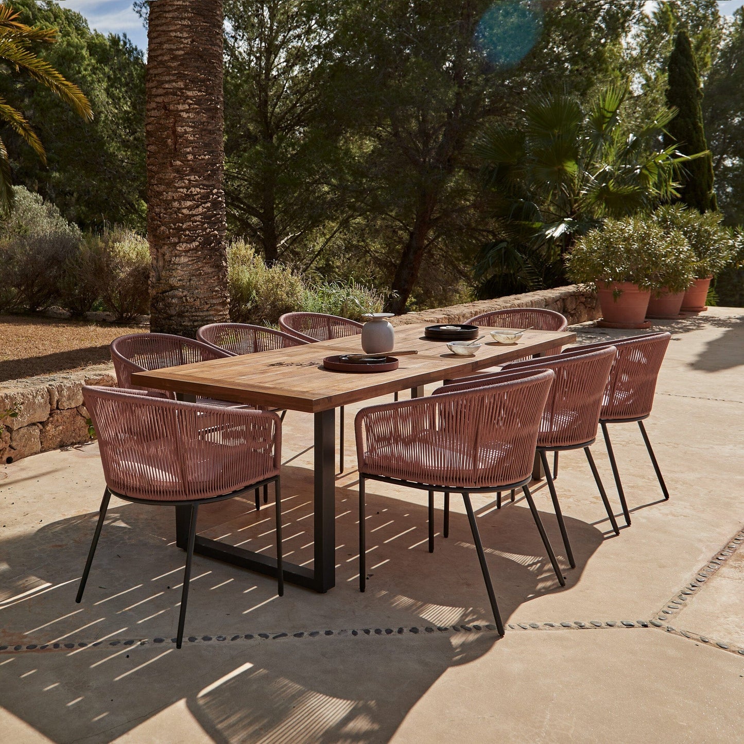 Hali 8 Seater Wooden Outdoor Dining Set with Hali Pink Chairs & Grey Lean Over Parasol - 235cm
