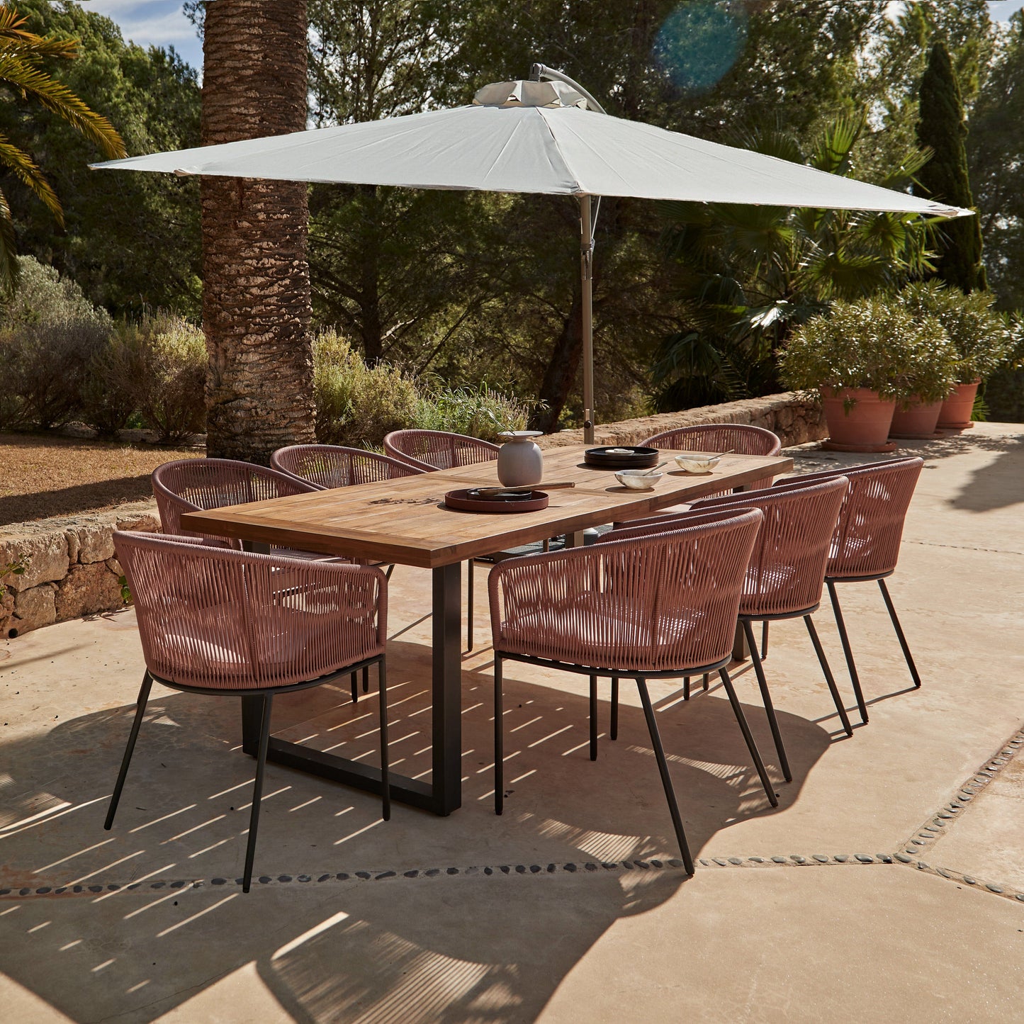 Hali 8 Seater Wooden Outdoor Dining Set with Hali Pink Chairs & Cream Lean Over Parasol - 235cm
