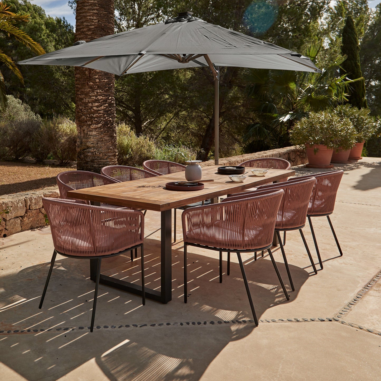 Hali 8 Seater Wooden Outdoor Dining Set with Hali Pink Chairs & Grey Premium Cantilever Parasol - 235cm