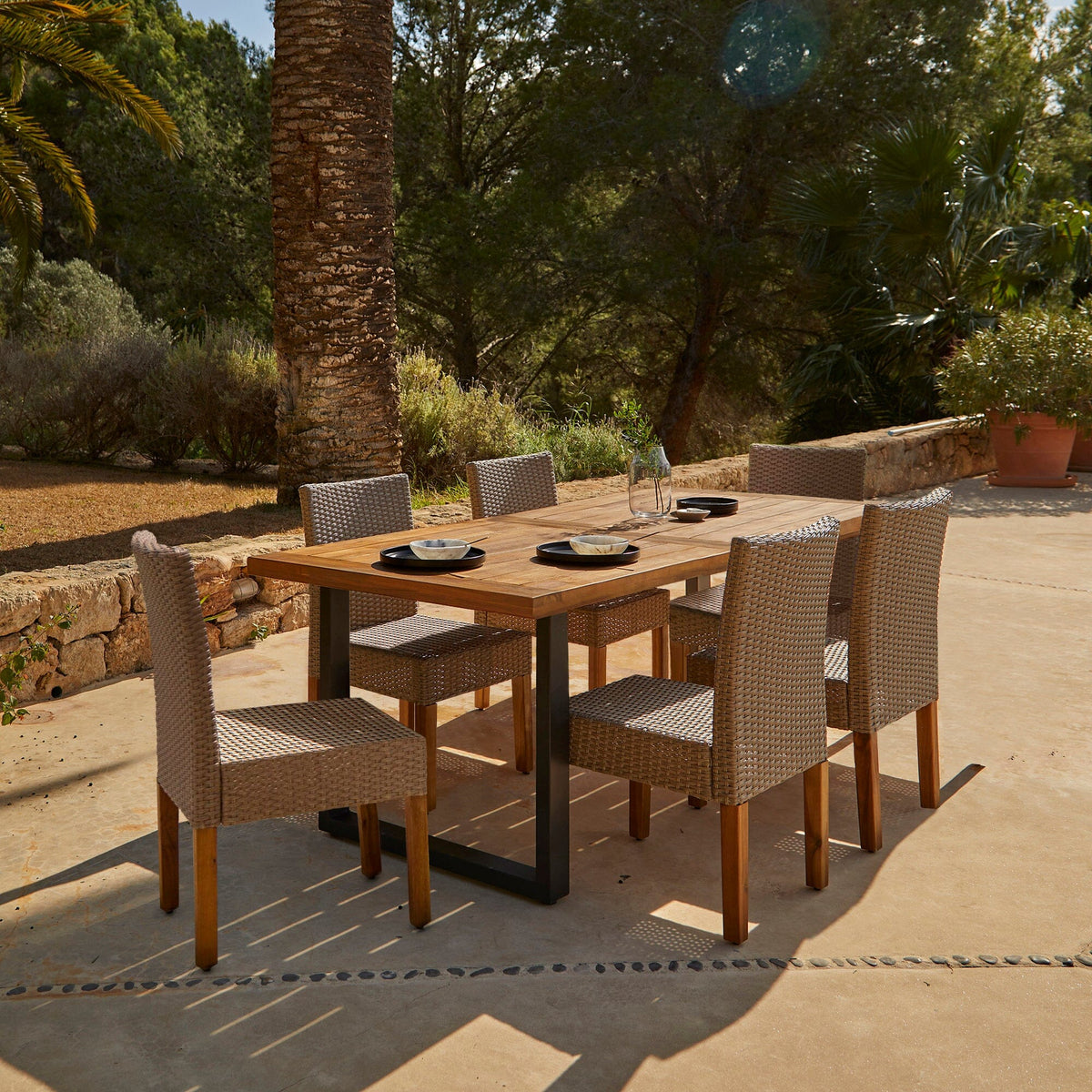Hali 6 Seater Wooden Outdoor Dining Set with Oliver Natural Brown Rattan Dining Chairs - 175cm
