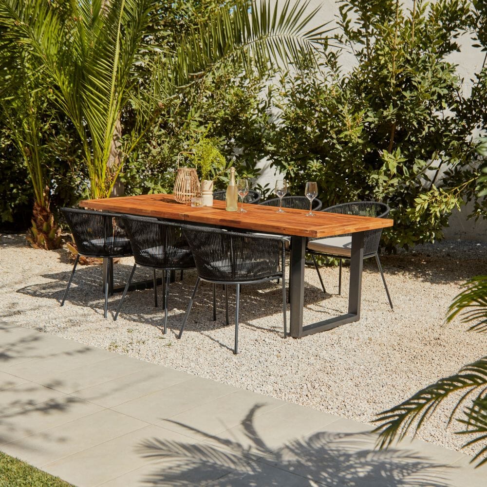 Hali 6 Seater Wooden Outdoor Dining Set with Hali Black Chairs & Cream LED Premium Cantilever Parasol - 235cm