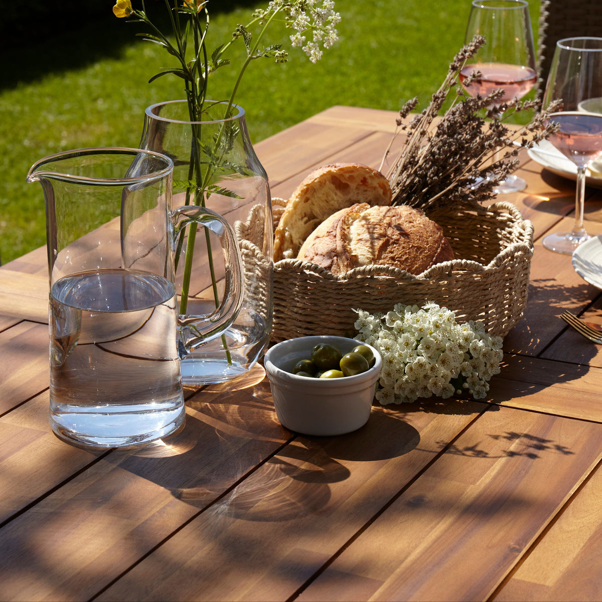 Hali 6 Seater Wooden Outdoor Dining Set with Hali Natural Chairs & Cream Lean Over Parasol- 175cm