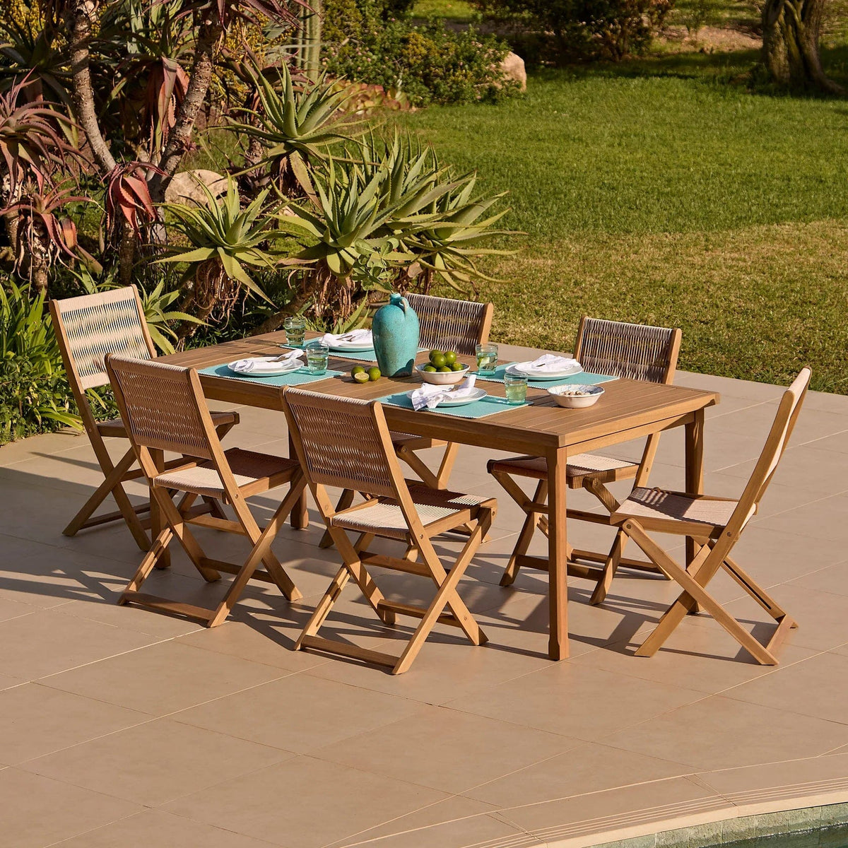 Harlyn 6 Seater Wooden Garden Dining Set with Cove Natural Chairs - 200cm - Laura James