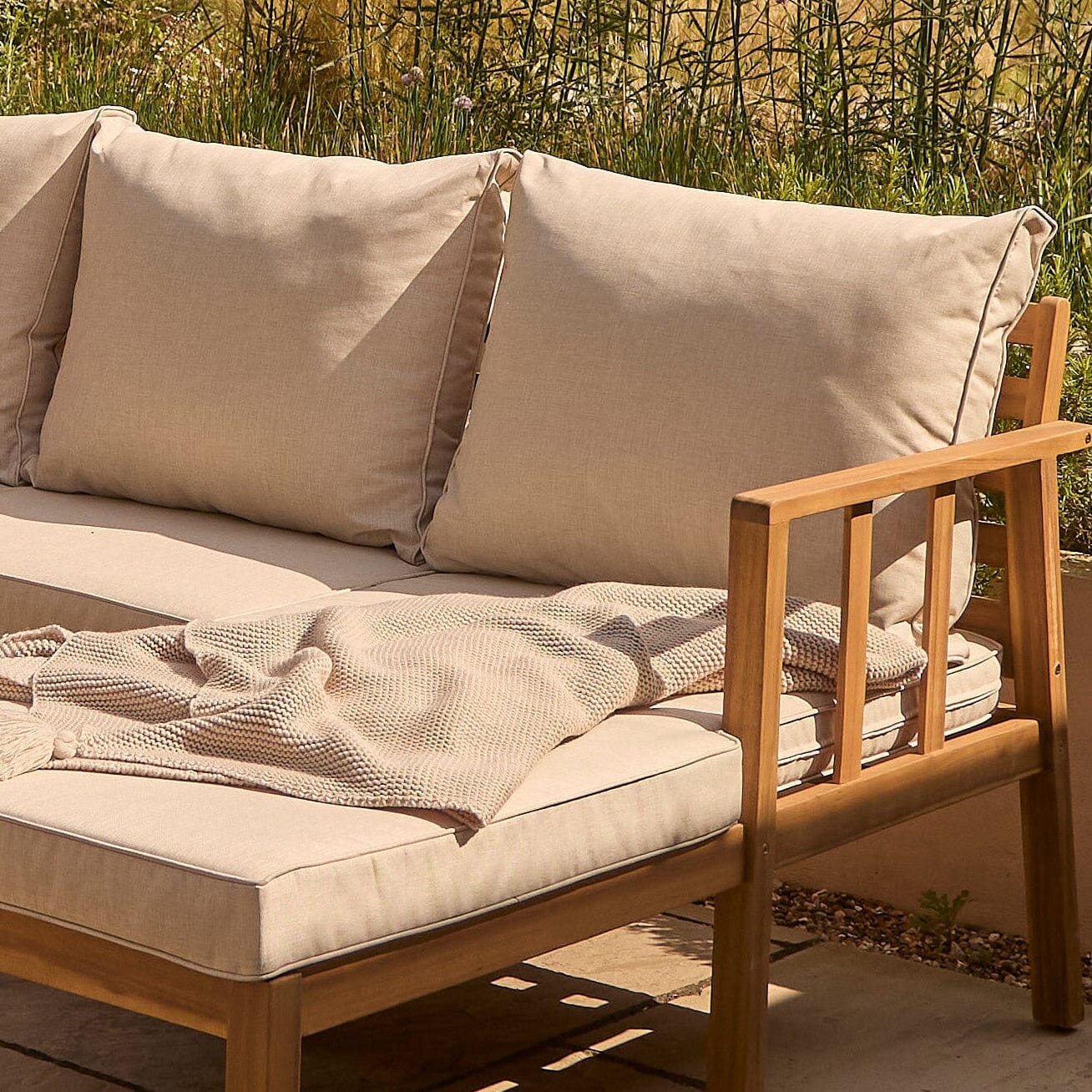 Harrelson 3 Seater Wooden Garden Chaise Corner Set - Natural Acacia and Sand - Laura James
