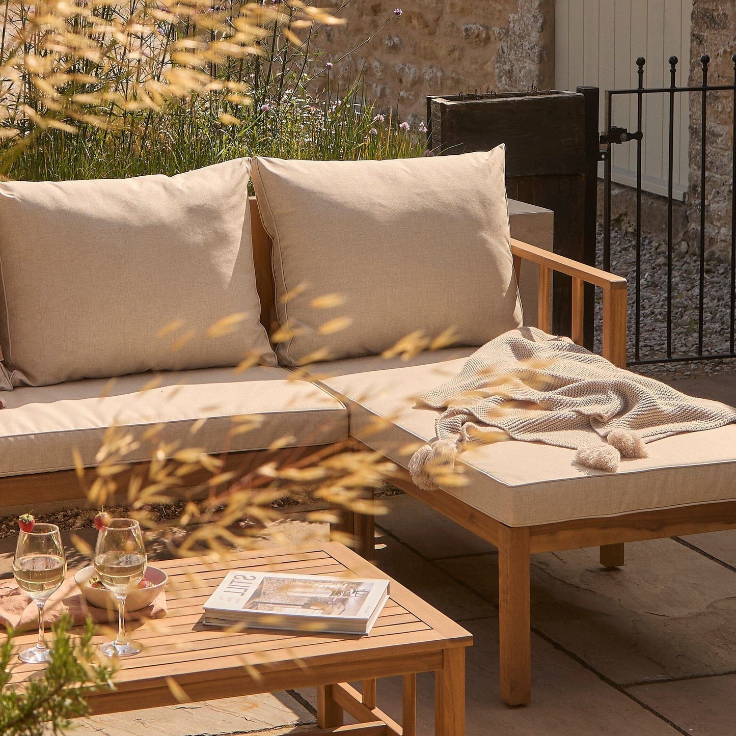 Harrelson 3 Seater Wooden Garden Chaise Corner Set - Natural Acacia and Sand - Laura James