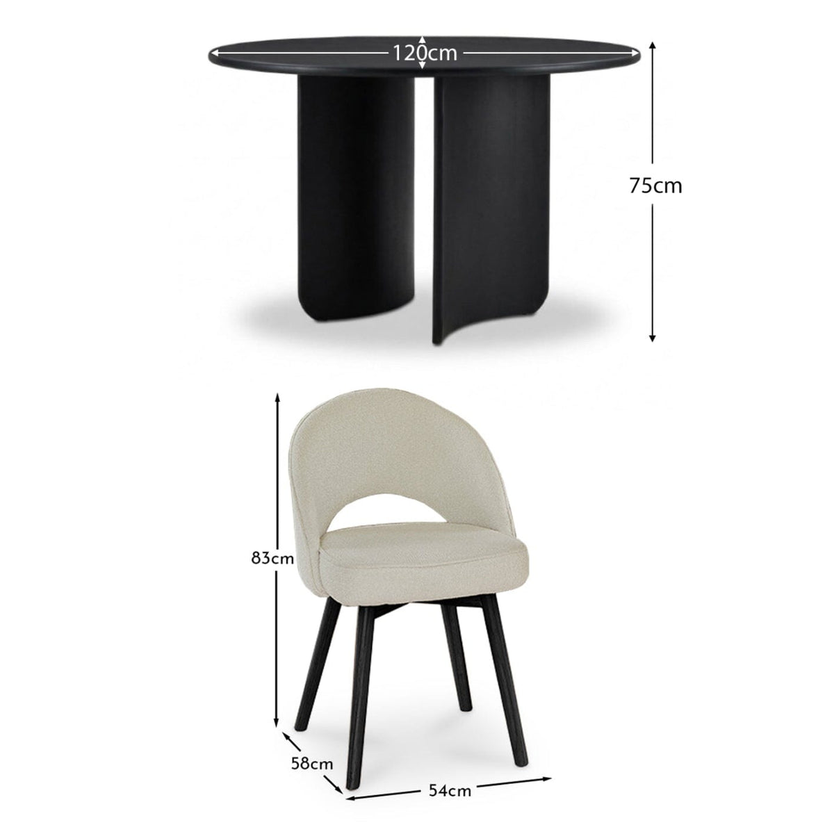 Imogen 120cm Jet Black Mango Wood Round Dining Table Set - 4 Seater - Marilyn Boucle Dining Chairs - Black Oak Legs