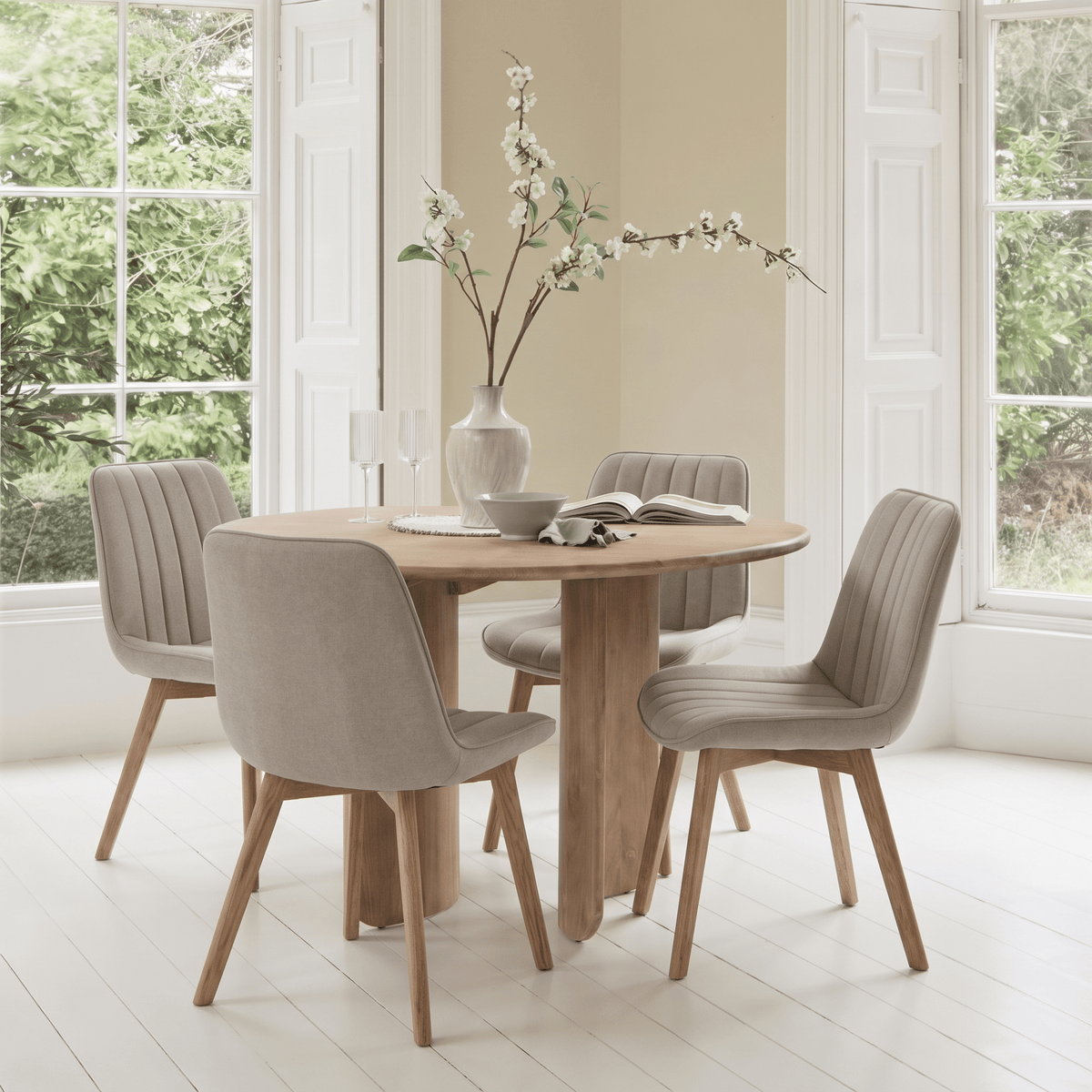 Imogen 120cm Chalked Mango Wood Round Dining Table Set - 4 Seater - Bella Soft Beige Dining Chairs - Chalked Mango Wood Legs - Laura James