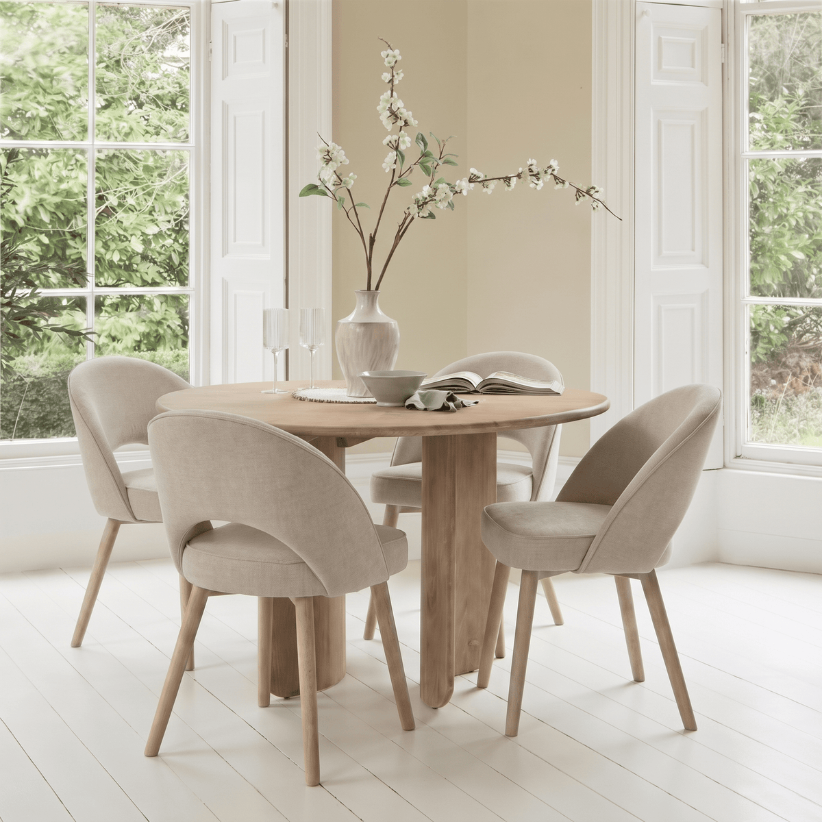 Imogen 120cm Chalked Mango Wood Round Dining Table Set - 4 Seater - Marilyn Soft Beige Dining Chairs - Chalked Mango Wood Legs - Laura James