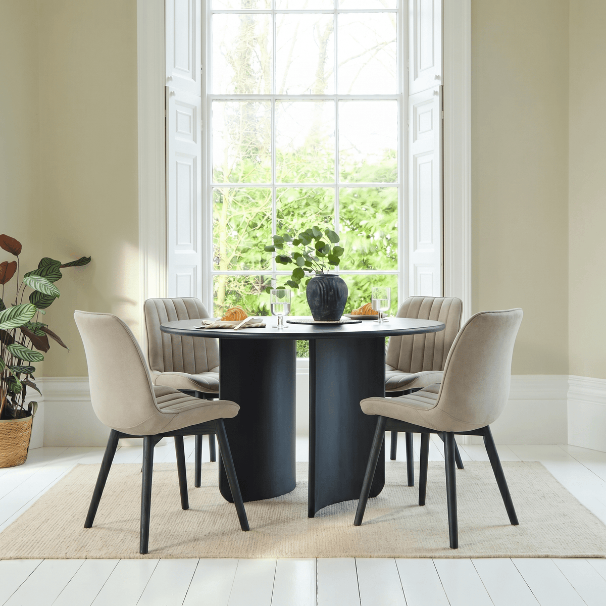 Imogen 190cm Black Mango Wood Dining Table Set - 6 Seater - Bella Soft Beige Dining Chairs - Black Oak Legs - Laura James