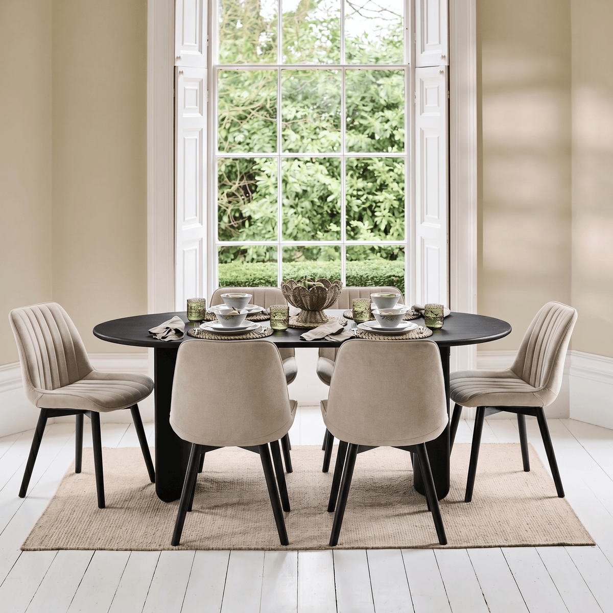 Imogen 190cm Black Mango Wood Dining Table Set - 6 Seater - Bella Soft Beige Dining Chairs - Black Oak Legs - Laura James