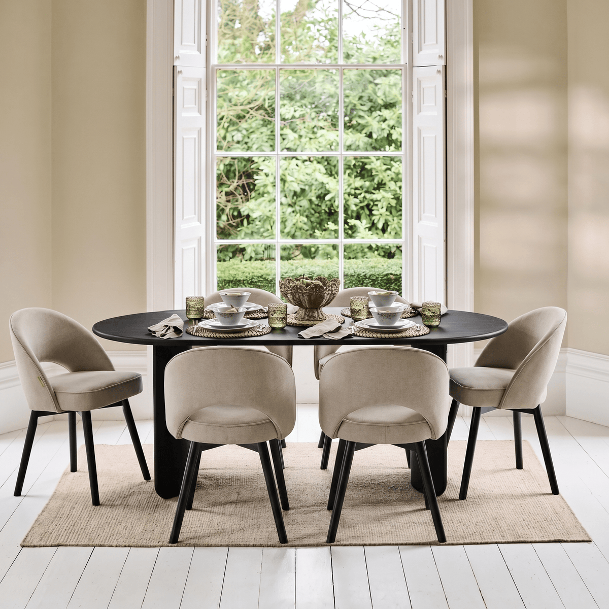 Imogen 190cm Black Mango Wood Dining Table Set - 6 Seater - Marilyn Soft Beige Dining Chairs - Black Oak Legs - Laura James