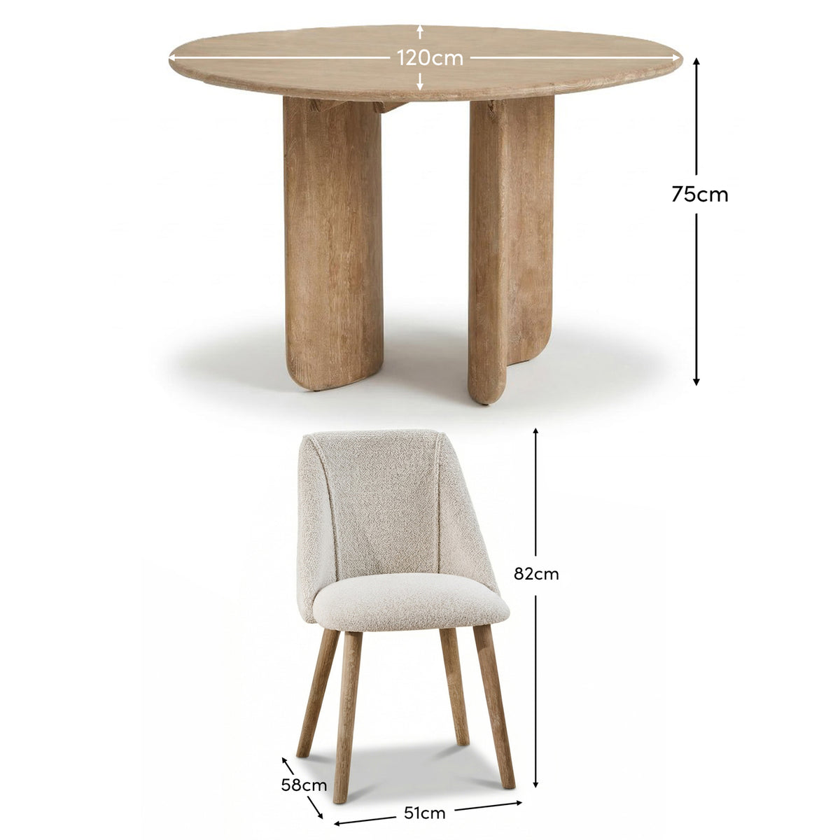 Imogen 120cm Chalked Mangowood Round Dining Table Set - 4 Seater - Freya Oat Boucle Dining Chairs - Chalked Mangowood Legs - Laura James