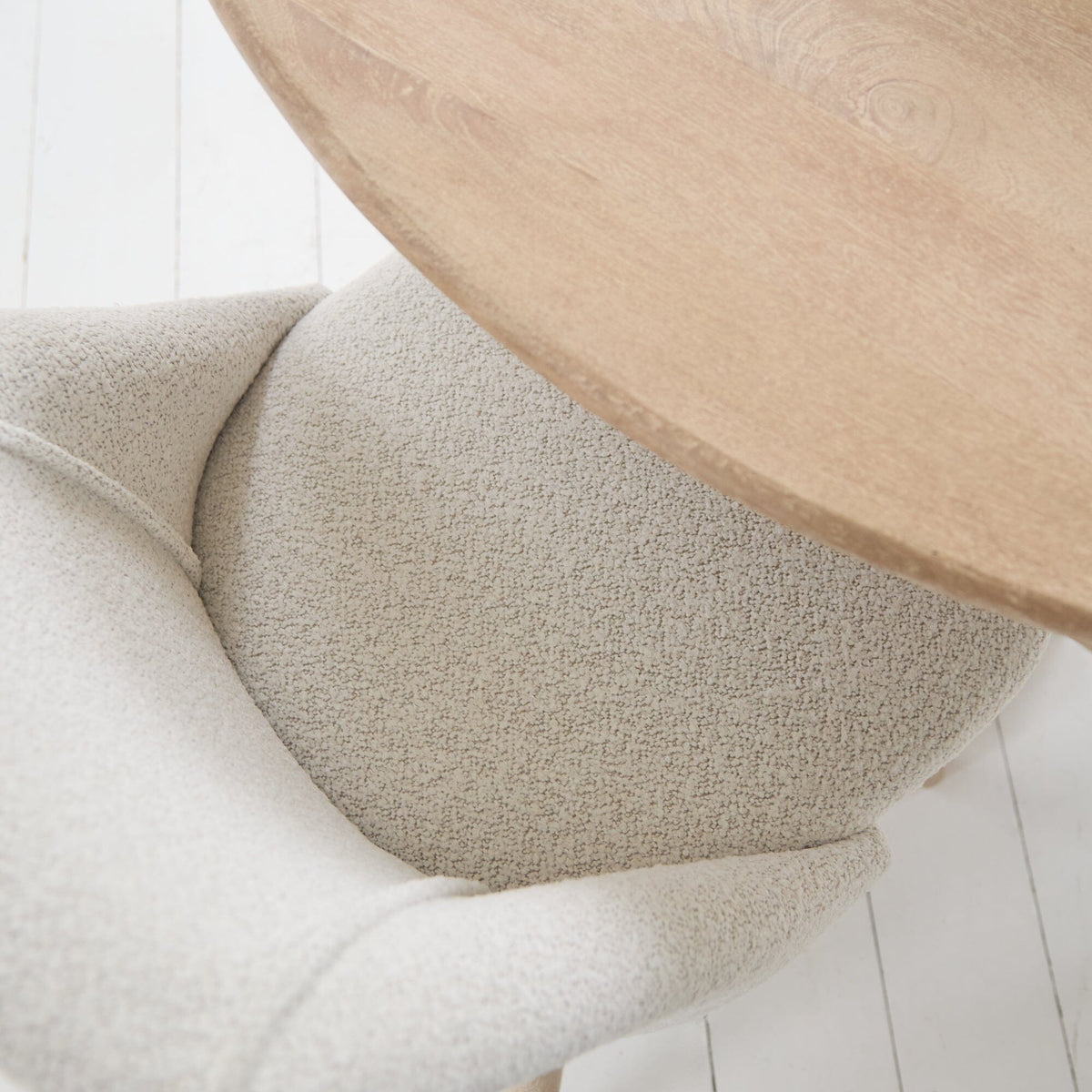Imogen 120cm Chalked Mangowood Round Dining Table Set - 4 Seater - Freya Oat Boucle Dining Chairs - Chalked Mangowood Legs - Laura James