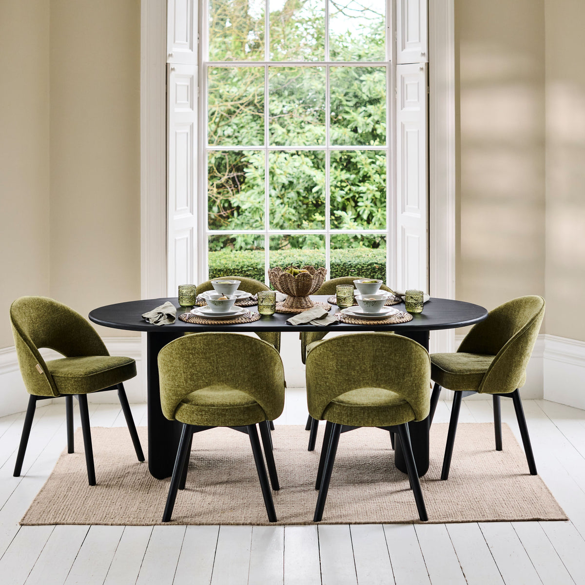 Imogen 190cm Black Mango Wood Dining Table Set - 6 Seater - Marilyn Moss Green Dining Chairs - Black Legs - Laura James