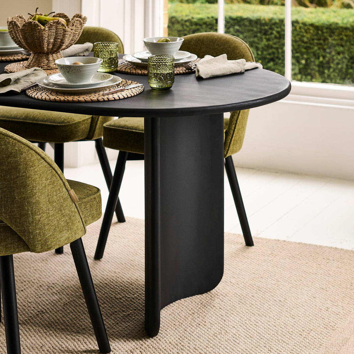 Imogen 190cm Black Mango Wood Dining Table Set - 6 Seater - Marilyn Moss Green Dining Chairs - Black Legs - Laura James