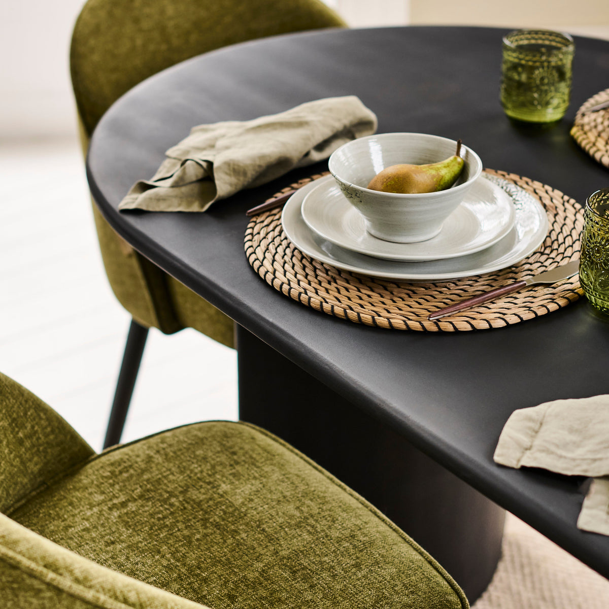 Imogen 190cm Black Mango Wood Dining Table Set - 6 Seater - Marilyn Moss Green Dining Chairs - Black Legs - Laura James