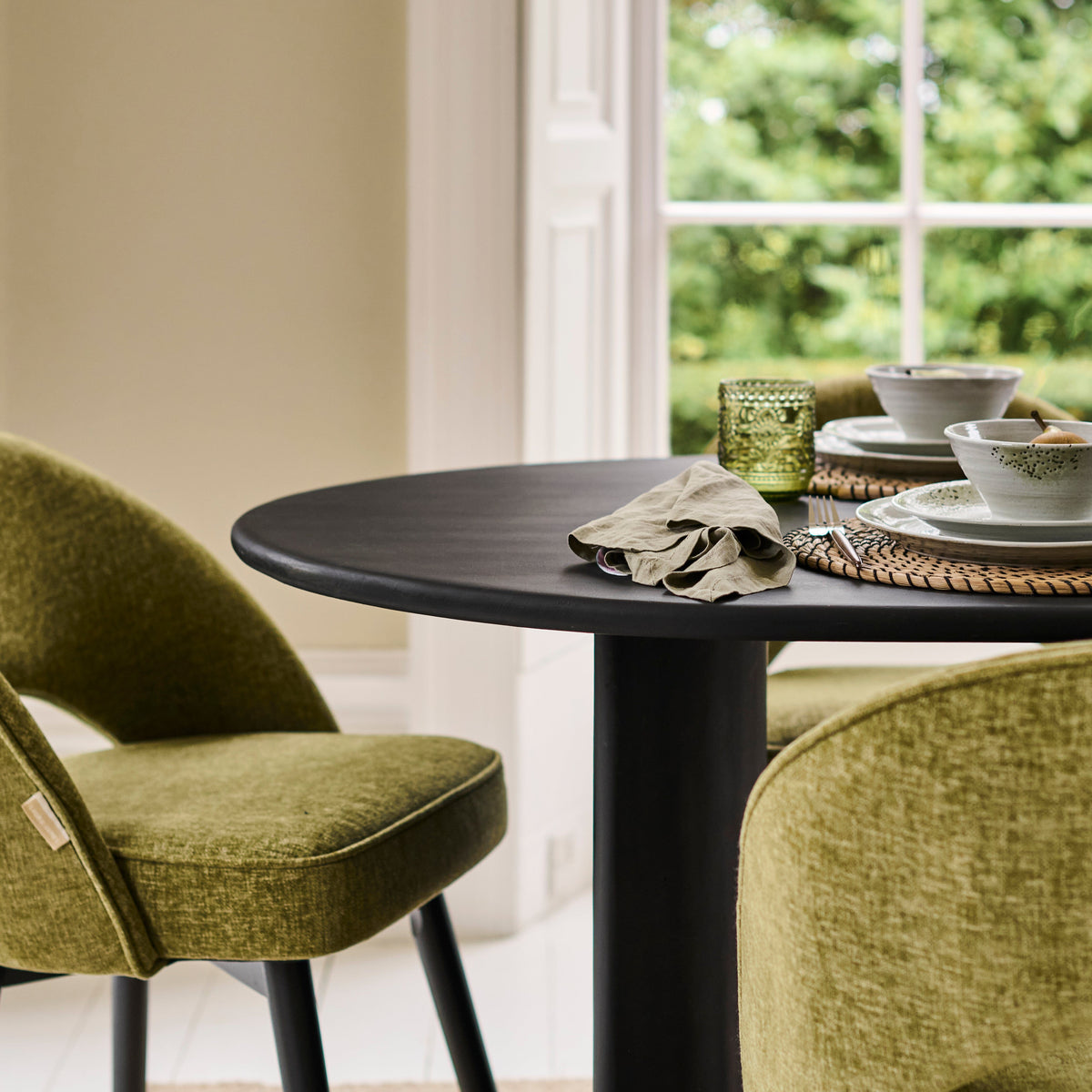 Imogen 190cm Black Mango Wood Dining Table Set - 6 Seater - Marilyn Moss Green Dining Chairs - Black Legs - Laura James