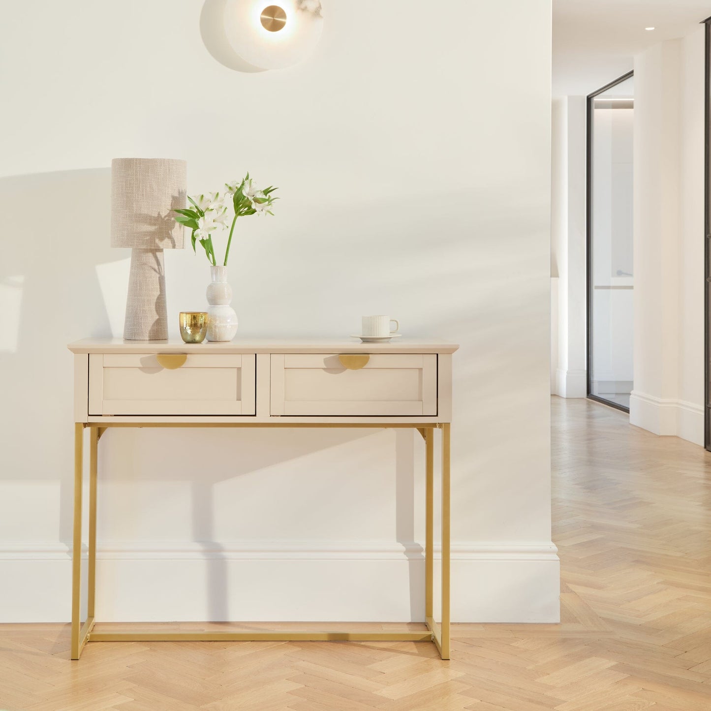 Ines 2 Drawer Console Table - Taupe and Gold - Laura James
