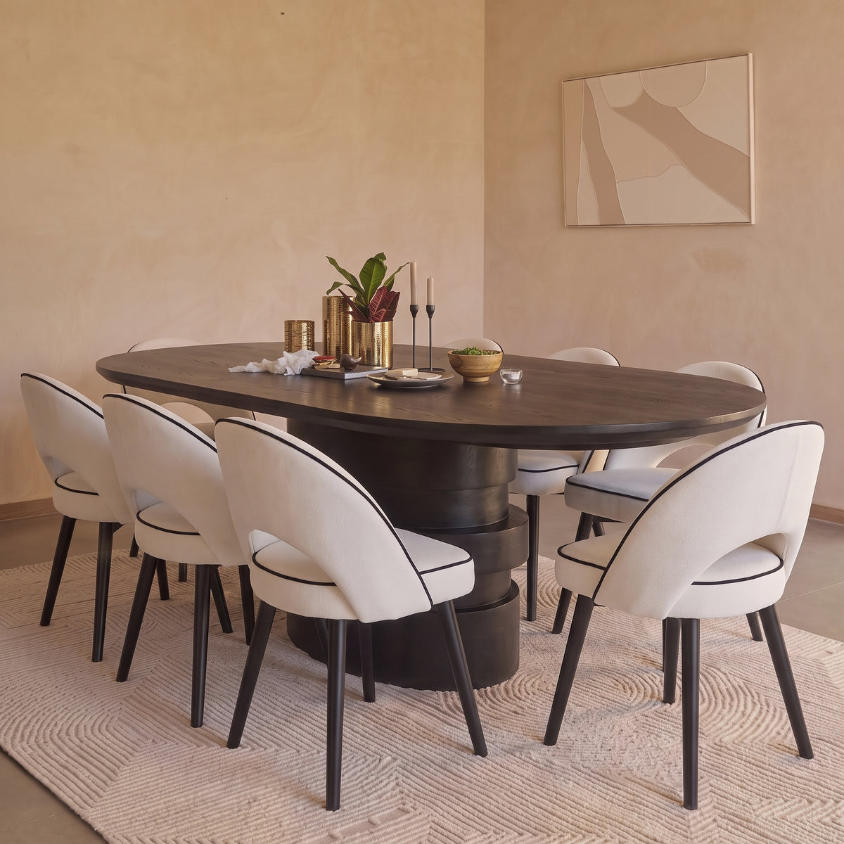Adam 240cm Jet Black Mango Wood Oval Dining Table Set - 8 Seater - Marilyn Ivory with Jet Black Piping Dining Chairs - Black Oak Legs - Laura James