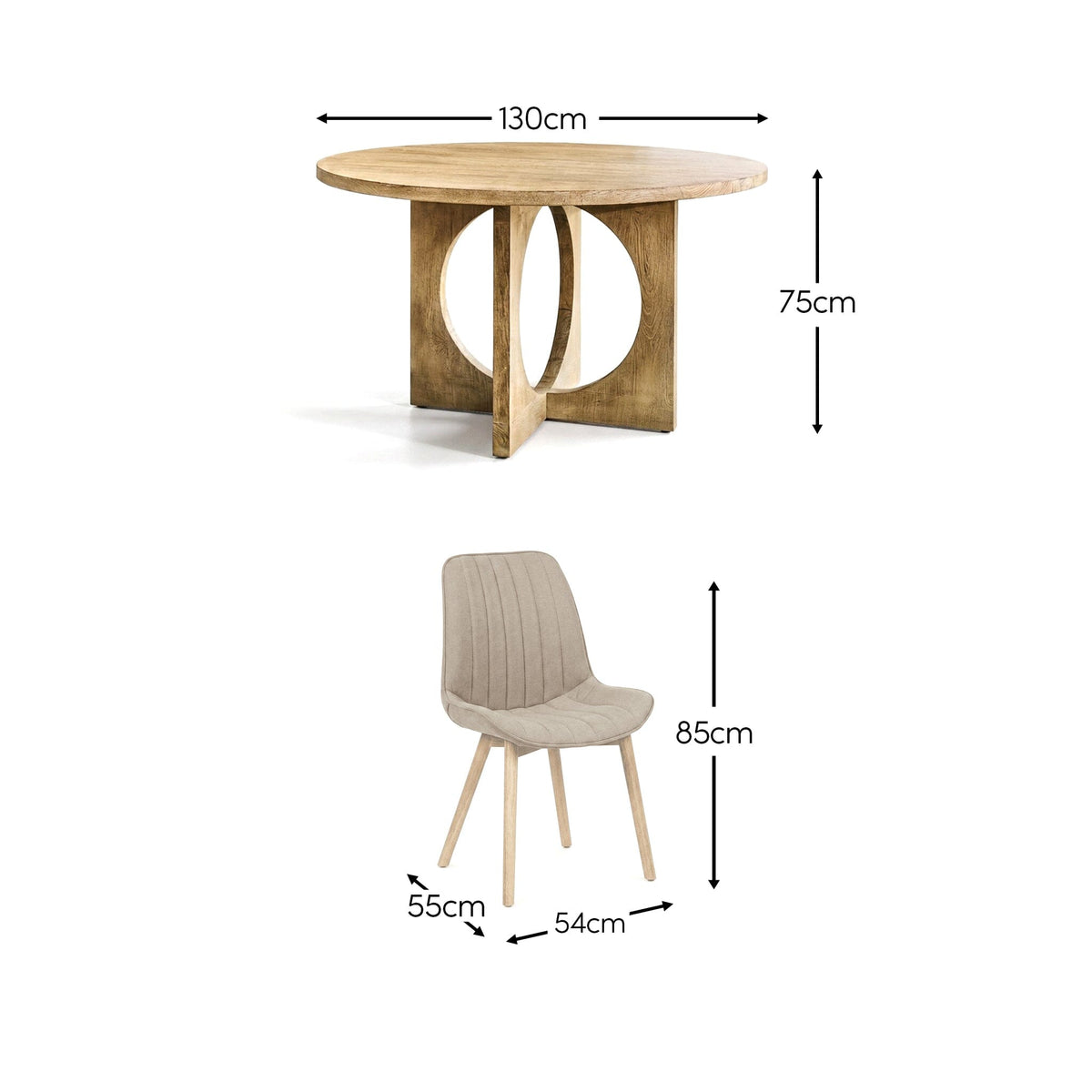 Jade 130cm Chalked Mango Wood Round Dining Table Set - 4 Seater - Bella Soft Beige Dining Chairs - Chalked Mango Wood Legs - Laura James