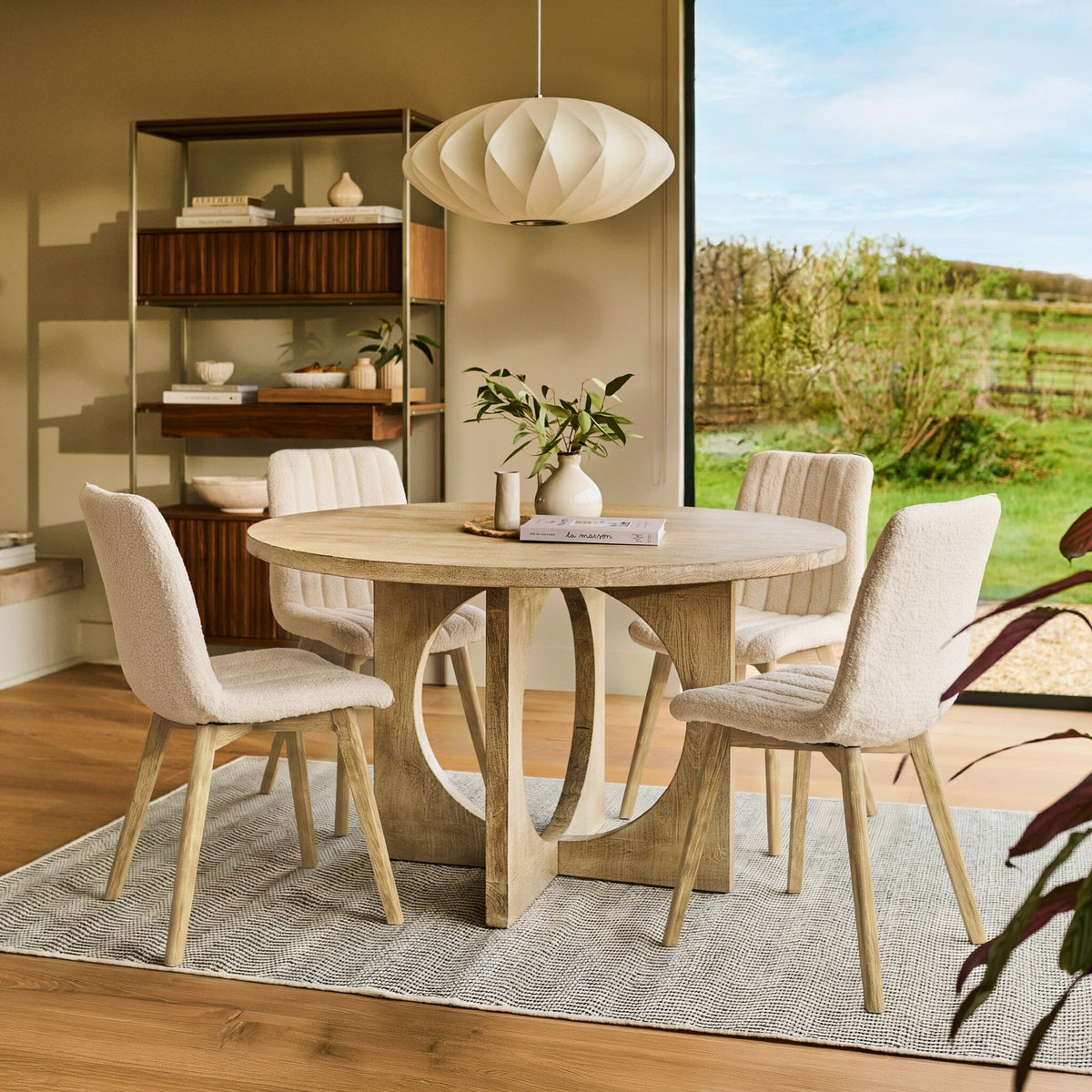Jade 130cm Chalked Mango Wood Round Dining Table Set - 4 Seater - Bella Boucle Dining Chairs - Chalked Mango Wood Legs - Laura James