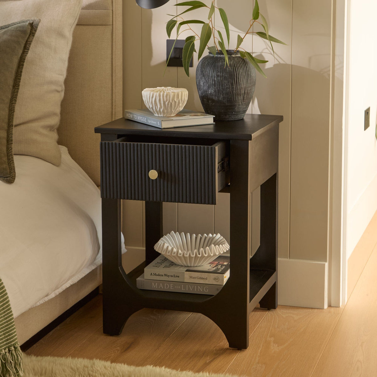 Jade 1 Drawer Bedside Table - Jet Black Mango Wood - Laura James