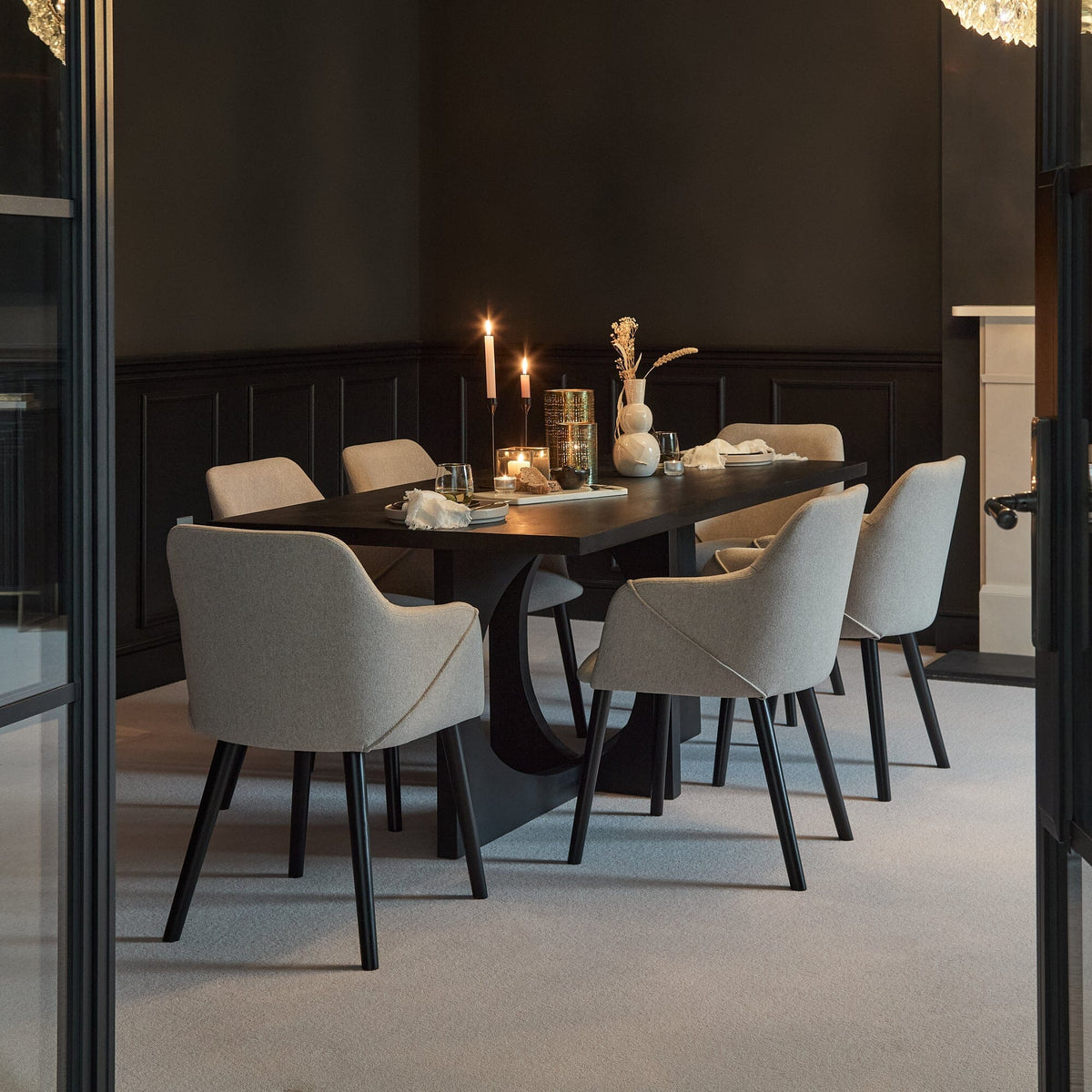 Jade Jet Black Rectangular Acacia Dining Table Set - 6 Seater - Freya Fossil Chairs with Black Legs - Laura James