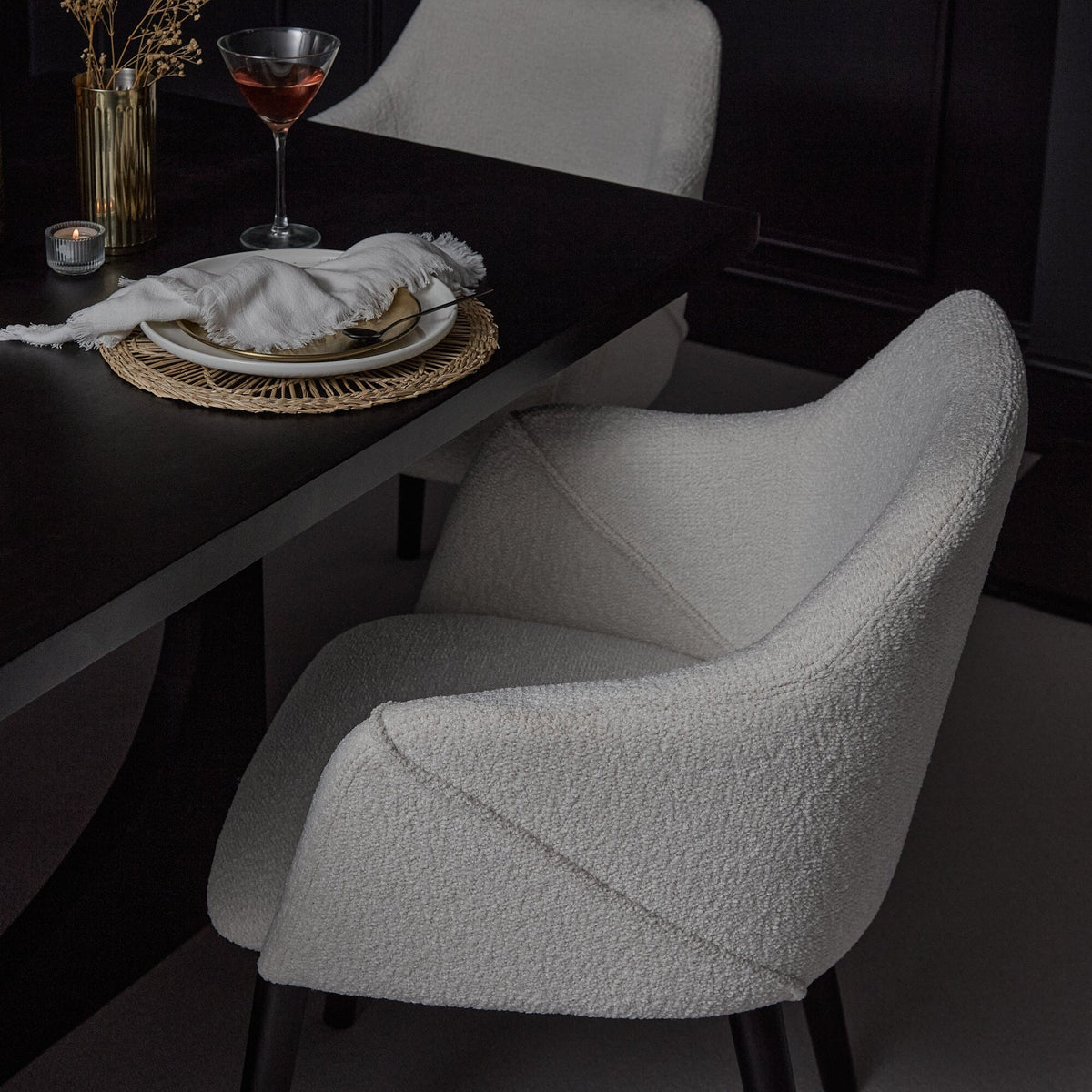 Jade Jet Black Rectangular Acacia Dining Table Set - 6 Seater - Freya Boucle Armchairs with Black Legs
- Laura James