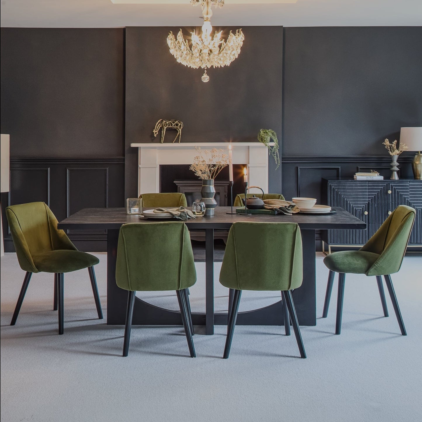 Jade Jet Black Rectangular Acacia Dining Table Set - 6 Seater - Freya Fern Green Dining Chairs with Black Legs
- Laura James