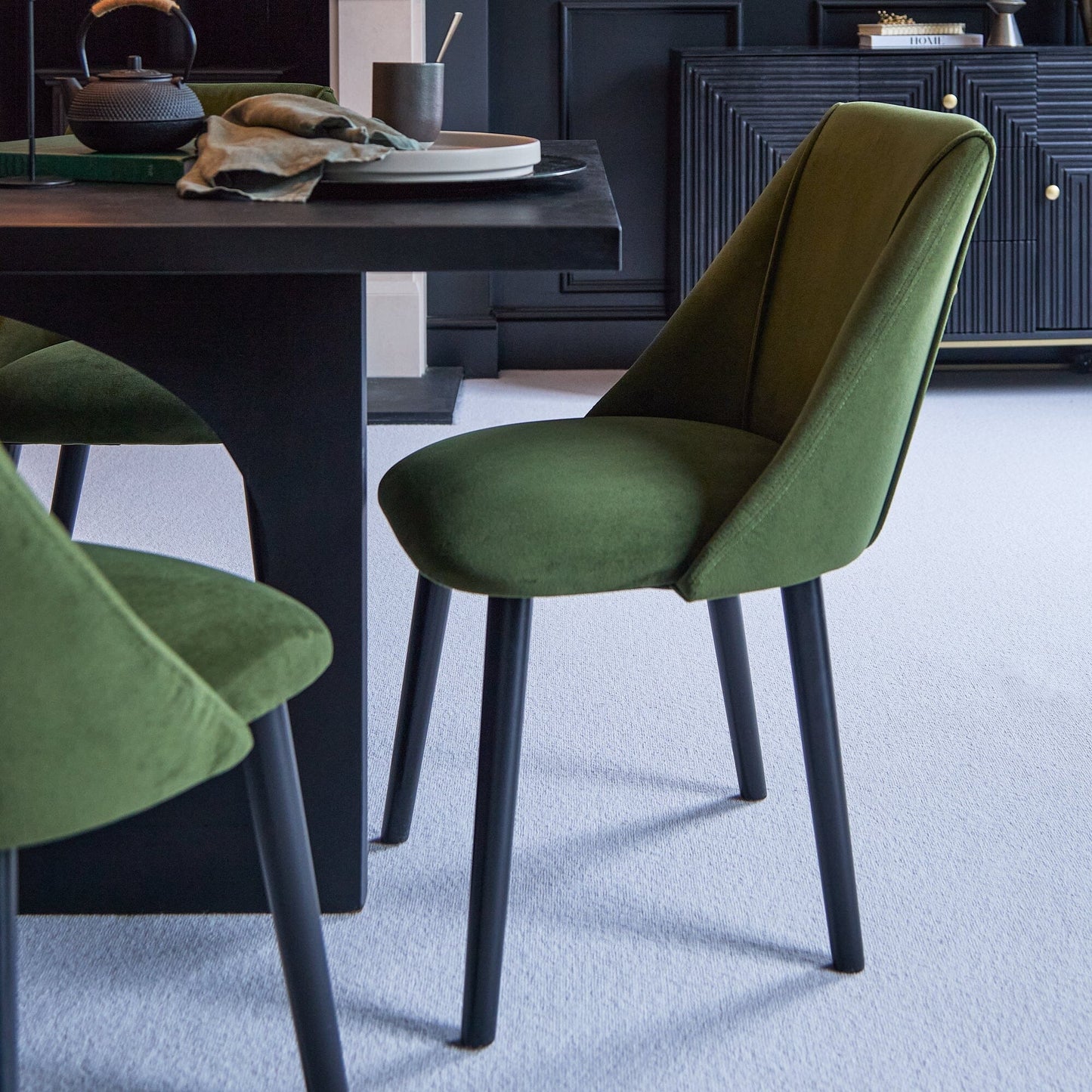 Jade Jet Black Rectangular Acacia Dining Table Set - 6 Seater - Freya Fern Green Dining Chairs with Black Legs
- Laura James