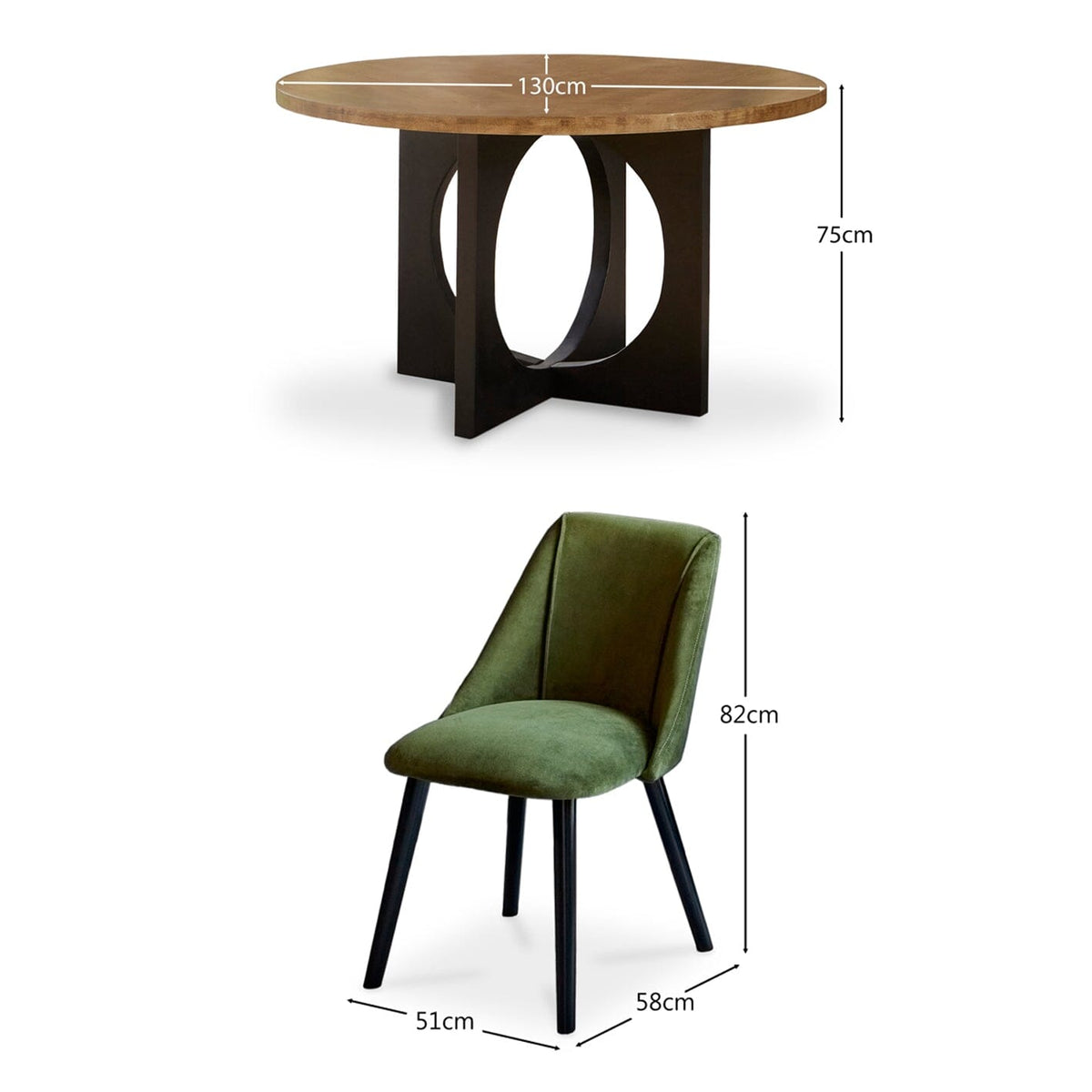 Jade Round Mango Wood 4 Seater Dining Set with Freya Fern Green Armchairs - Laura James