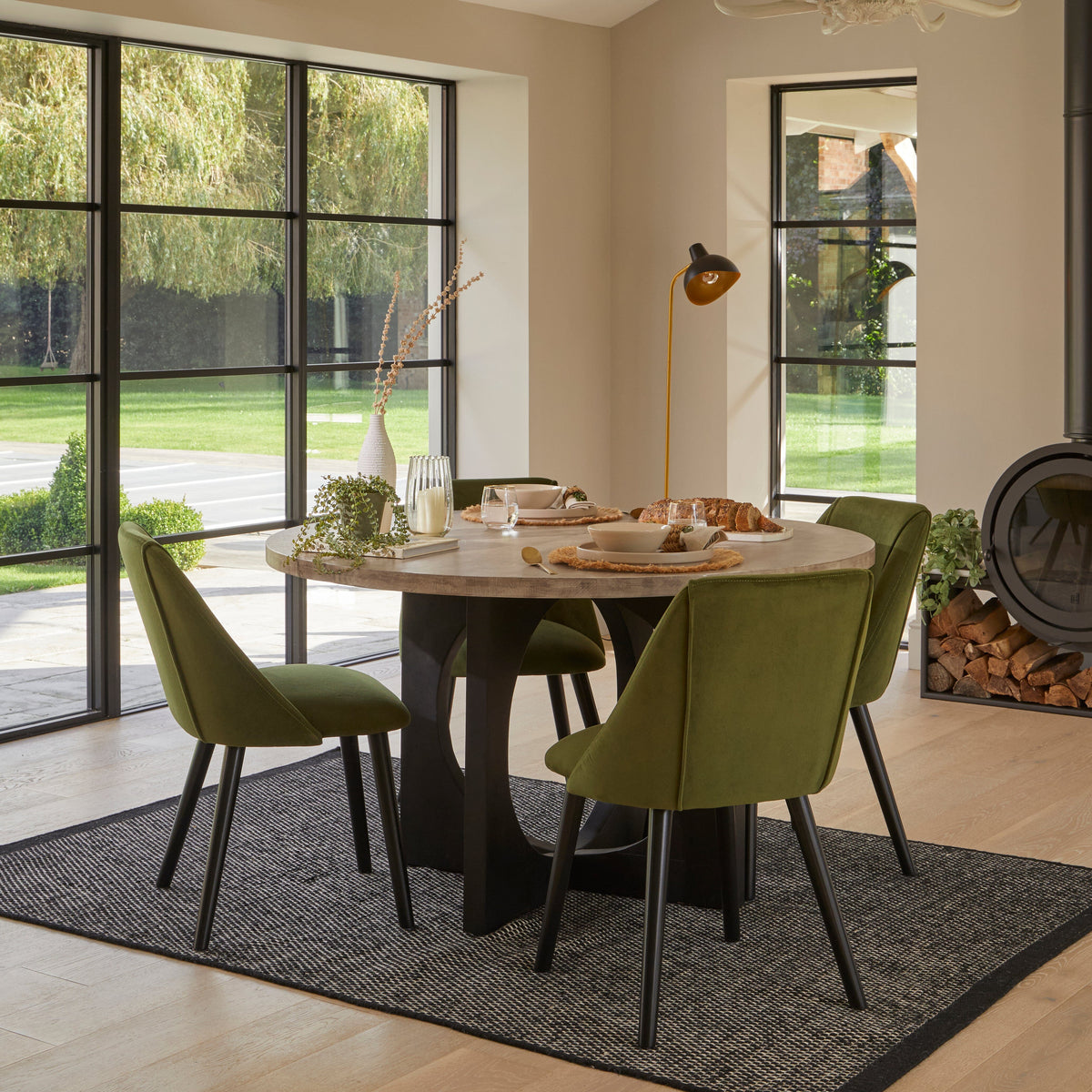 Jade Round Mango Wood 4 Seater Dining Set with Freya Fern Green Dining Chairs - Laura James