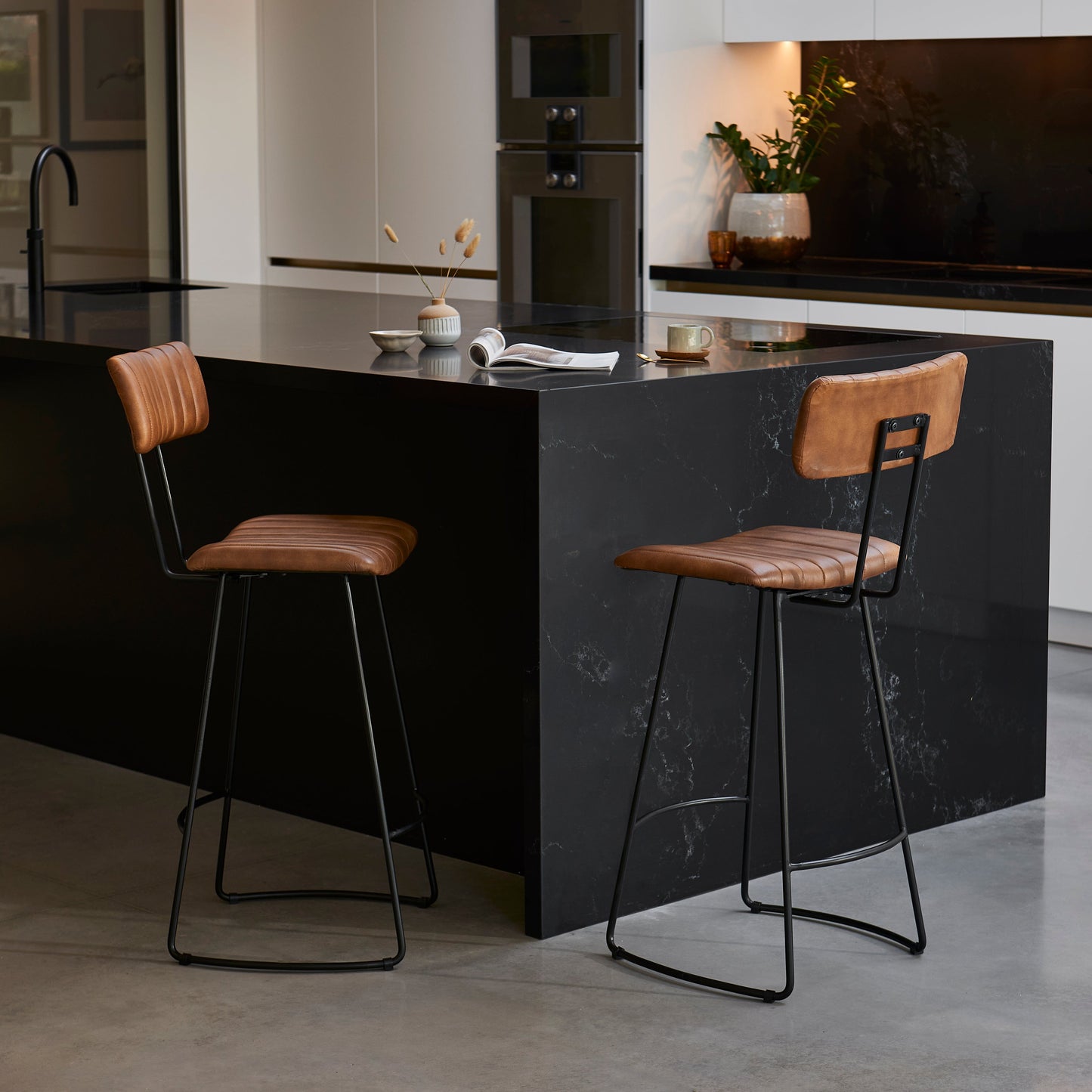 Jayden Industrial Bar Stools - Set of 2 - Mid Brown Leather - Laura James