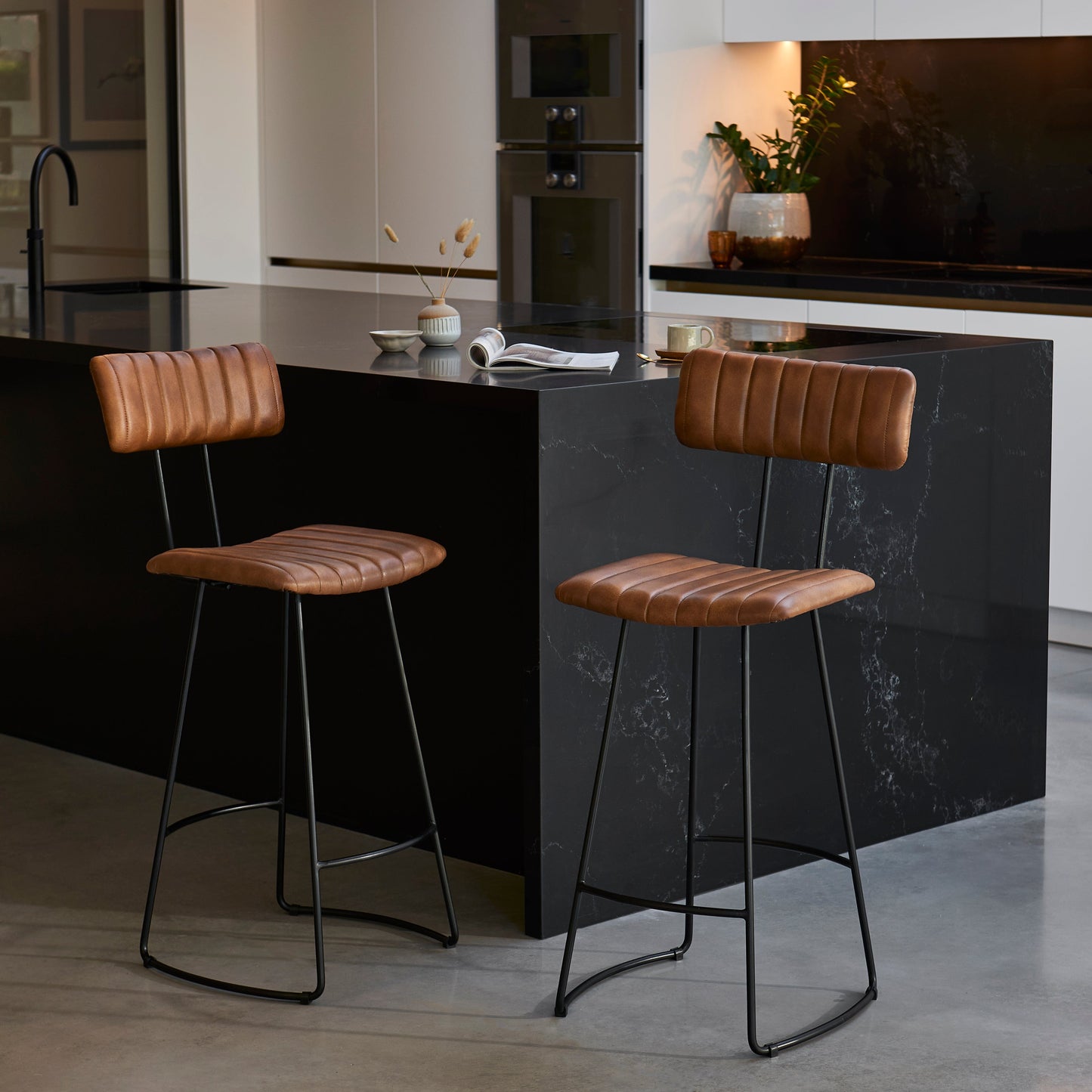 Jayden Industrial Bar Stools - Set of 2 - Mid Brown Leather - Laura James
